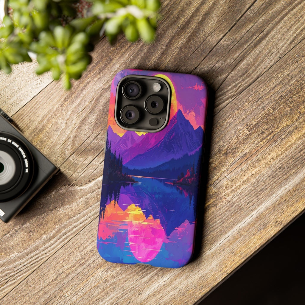 Twilight's Reflective Embrace: Mountain Synthwave Landscape, Digital Sunset Panorama - L’Art Suprême Phone Case