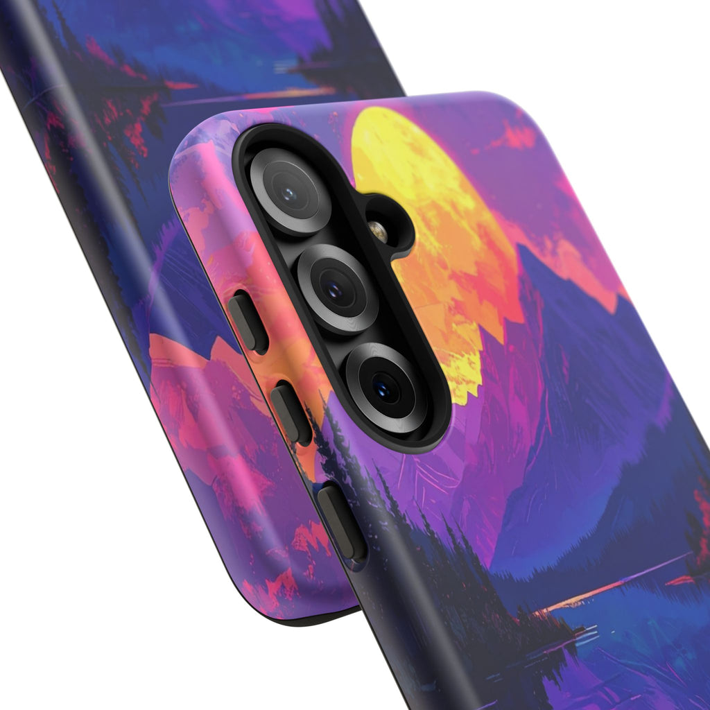 Twilight's Reflective Embrace: Mountain Synthwave Landscape, Digital Sunset Panorama - L’Art Suprême Phone Case
