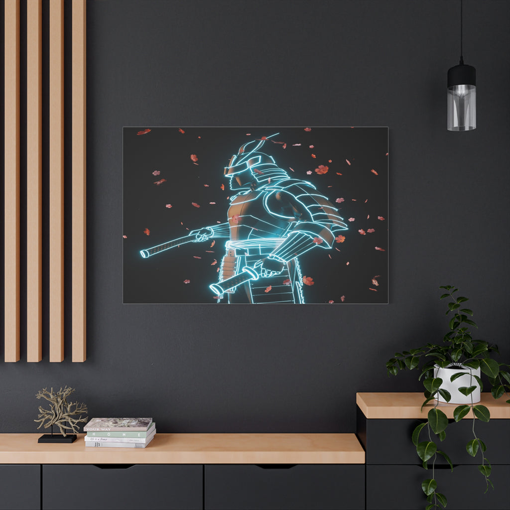 Neon Samurai: Digital Warrior, Cyberpunk Fusion, Glowing Wireframe Armor - L’Art Suprême Canvas
