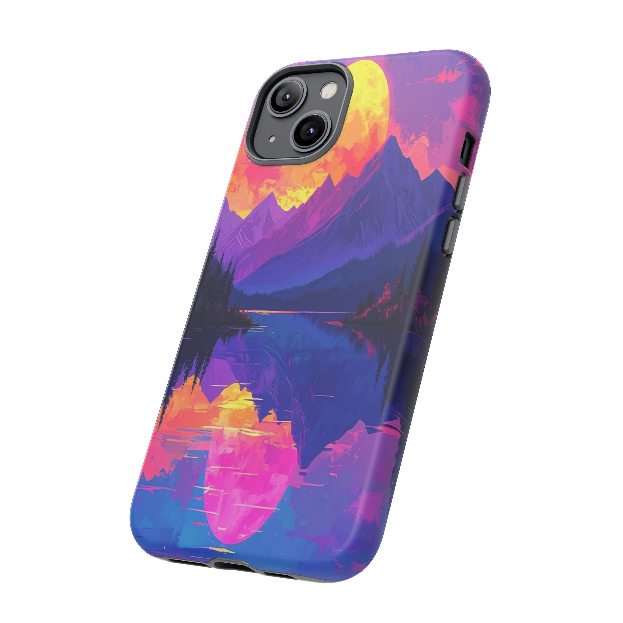 Twilight's Reflective Embrace: Mountain Synthwave Landscape, Digital Sunset Panorama - L’Art Suprême Phone Case