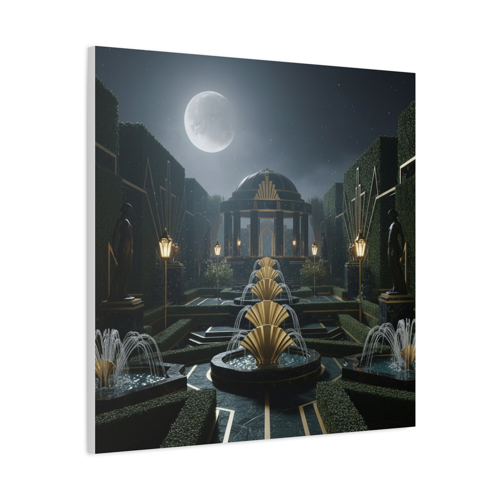 Nocturnal Pavilion: Art Deco Garden Symphony, Moonlit Architectural Dreamscape - L’Art Suprême Canvas