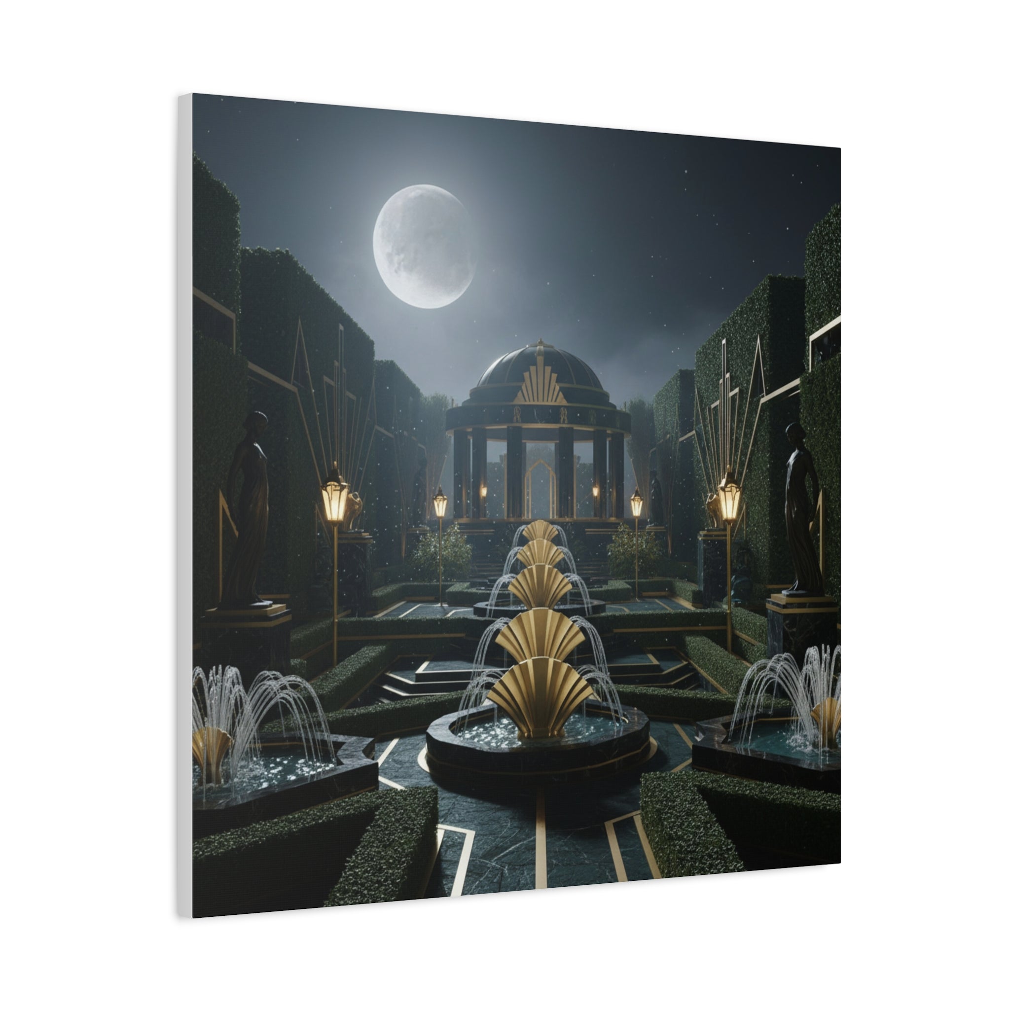Nocturnal Pavilion: Art Deco Garden Symphony, Moonlit Architectural Dreamscape - L’Art Suprême Canvas