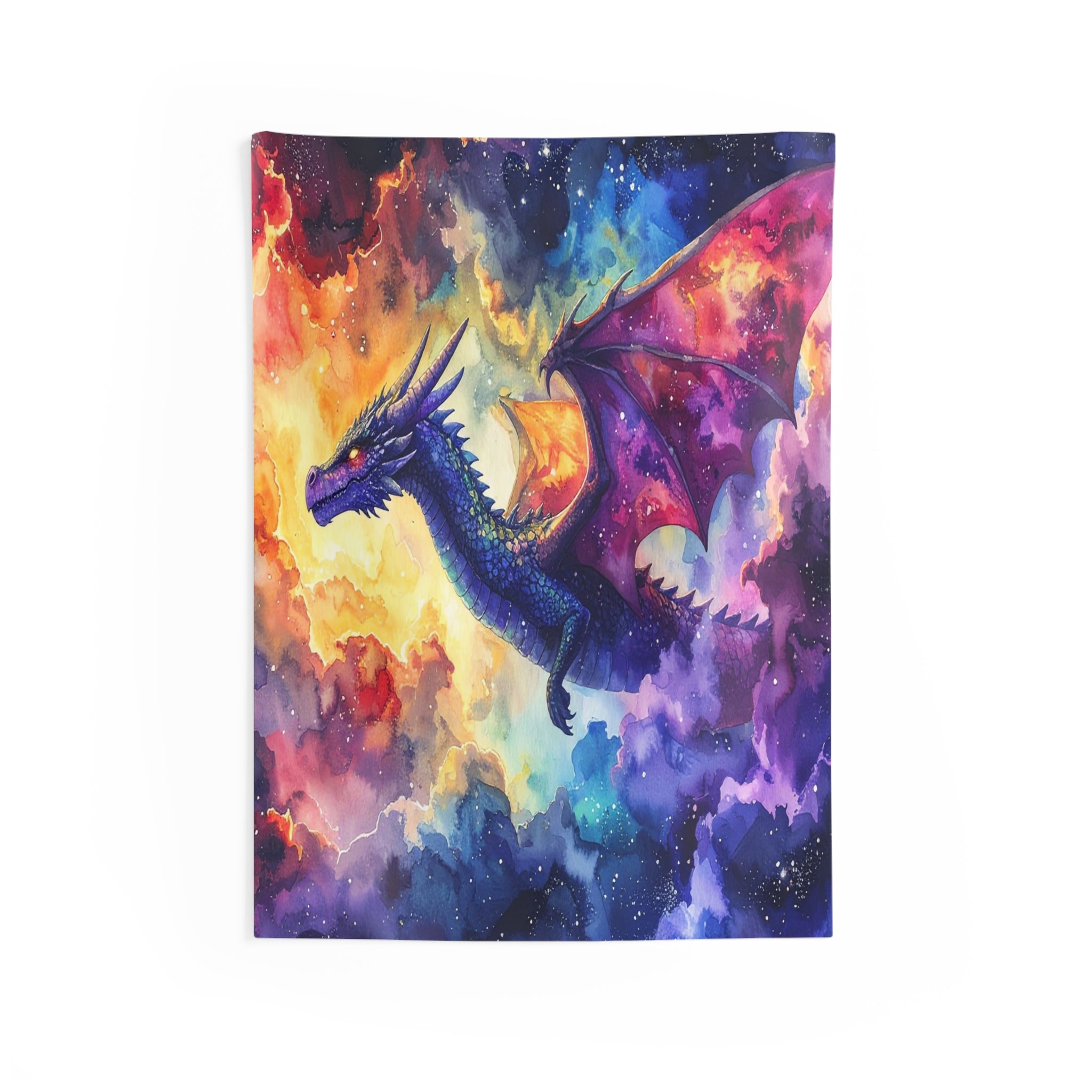 Celestial Dragonscape: Cosmic Fantasy Watercolor, Mythical Realm Panorama - L'Art Tapestry