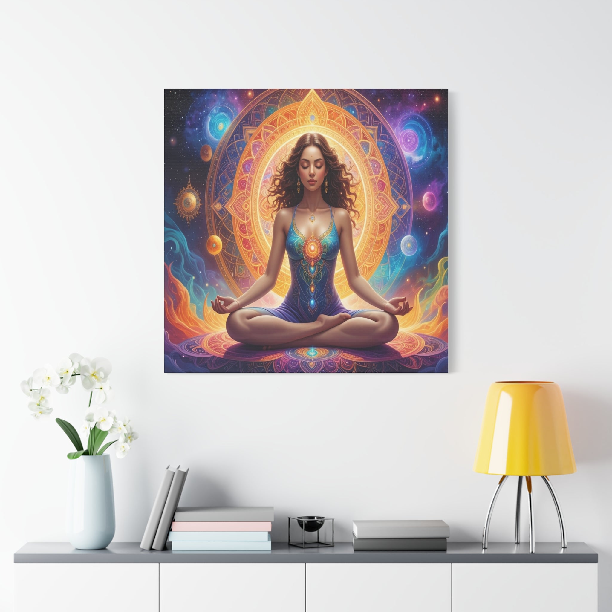 Cosmic Lotus Meditation: Spiritual Energy Mandala, Digital Celestial Art - L’Art Suprême Canvas