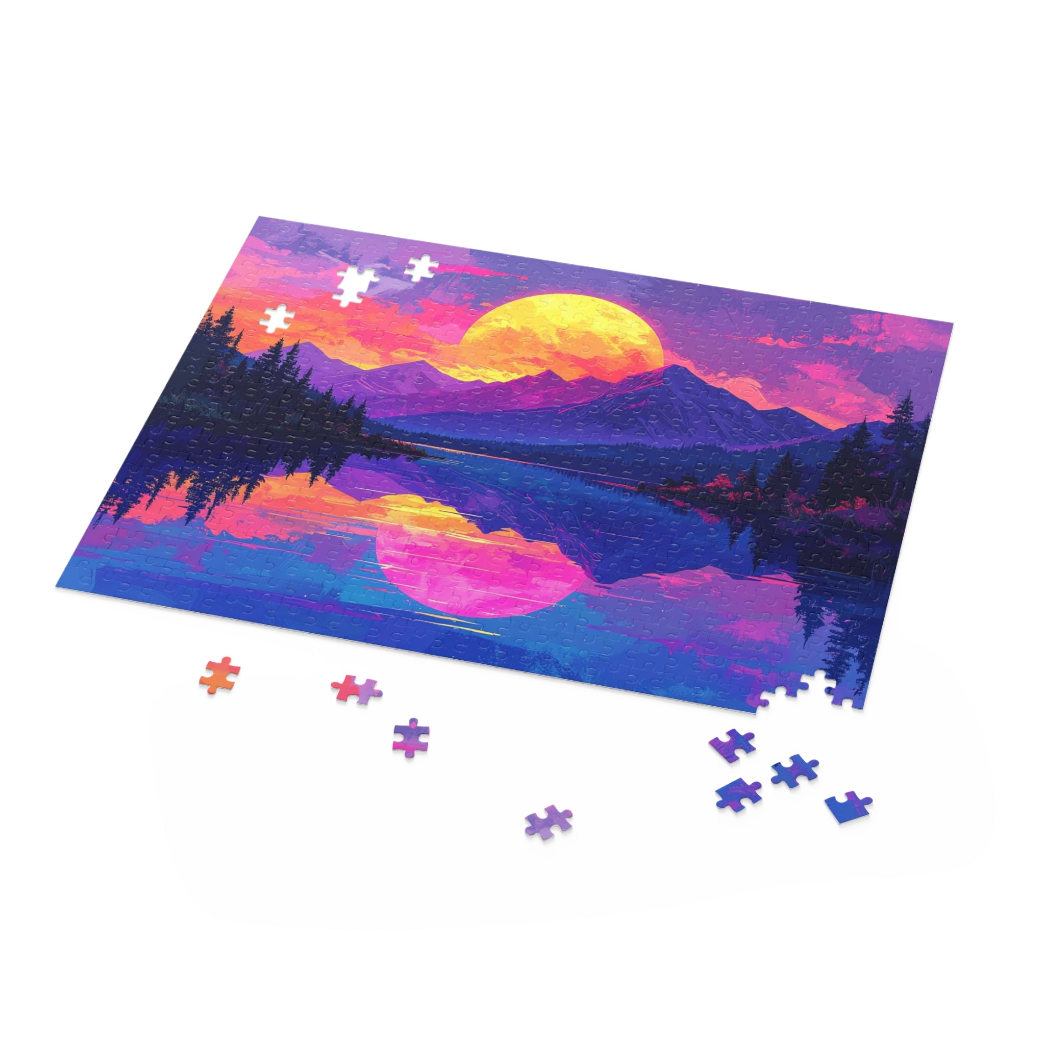 Synthwave Sunset Lake: Neon Mountain Dreamscape, Digital Retrowave Art -  L'Art Puzzle