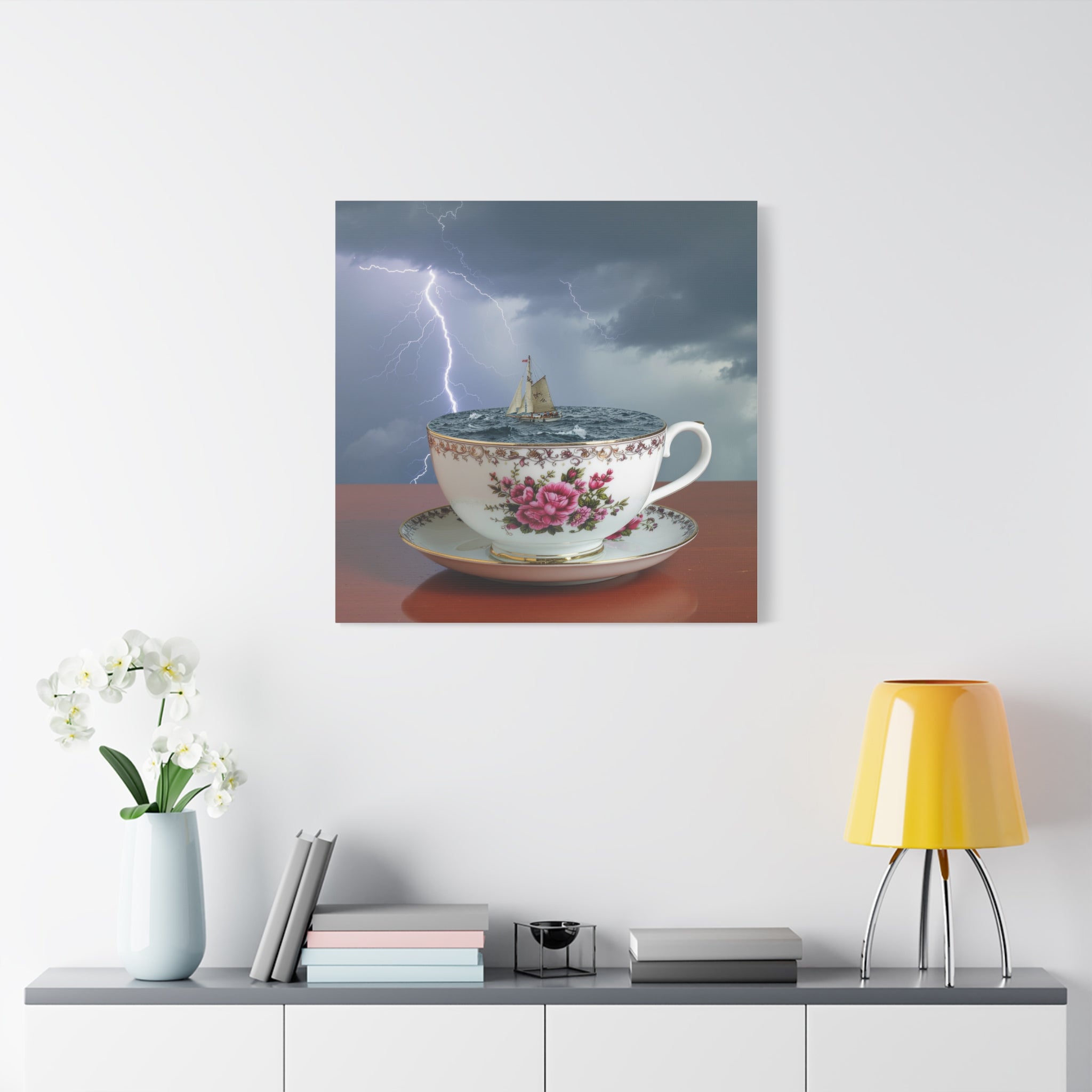 Tempest in a Teacup: Surreal Maritime Digital Art, Porcelain Seascape Narrative - L’Art Suprême Canvas