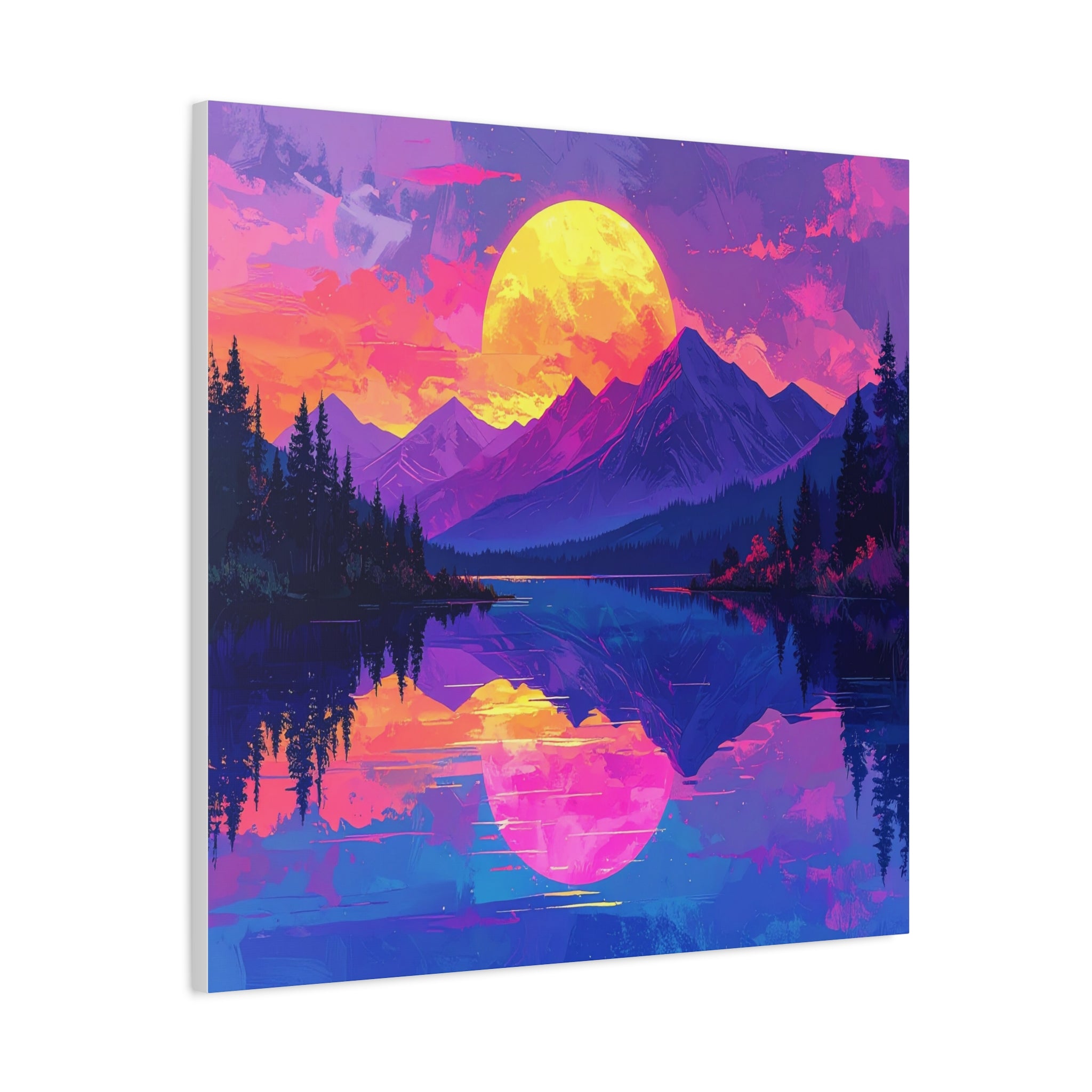 Twilight Symmetry: Neon Mountain Landscape, Vaporwave Digital Art - L’Art Suprême Canvas