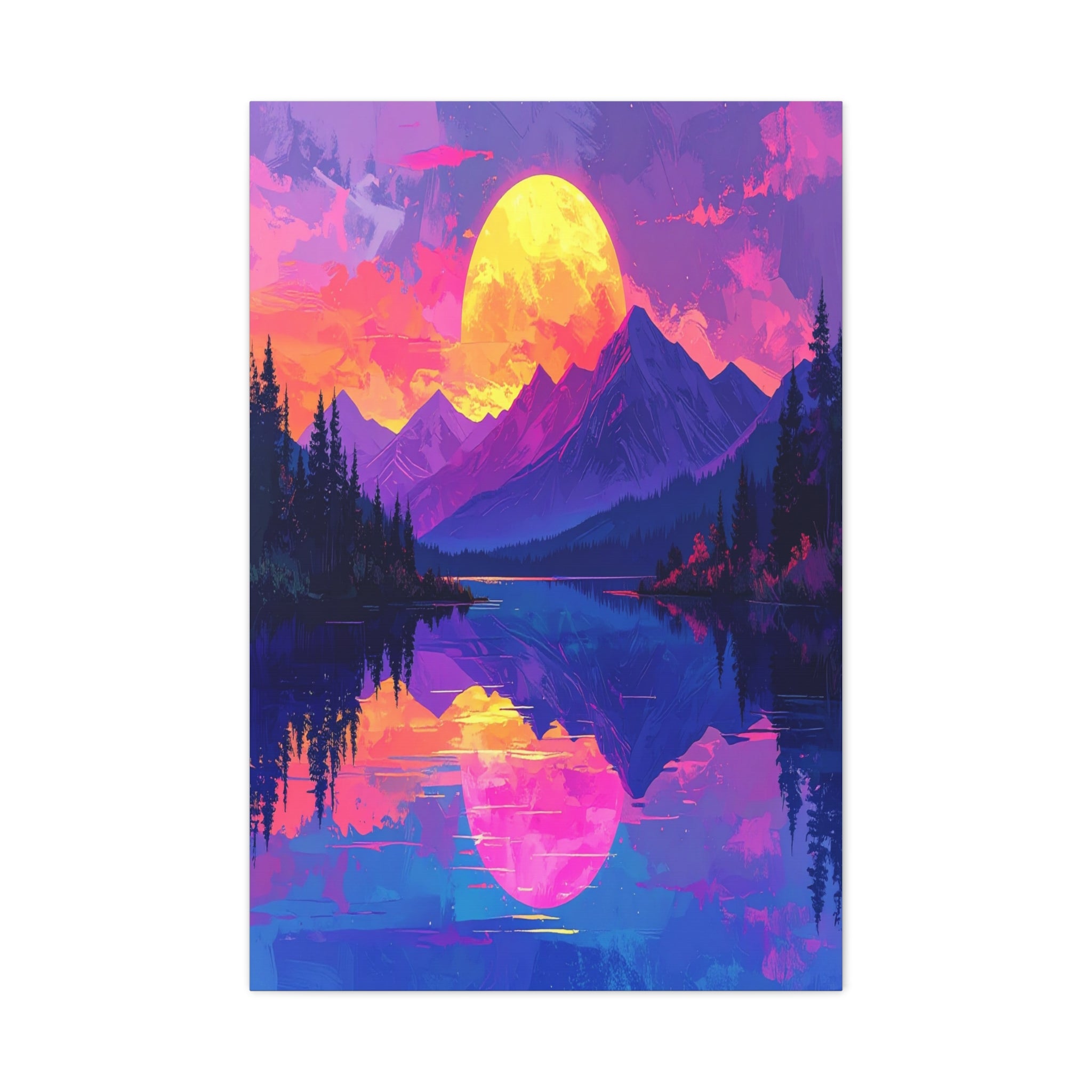 Twilight Symmetry: Neon Mountain Landscape, Vaporwave Digital Art - L’Art Suprême Canvas
