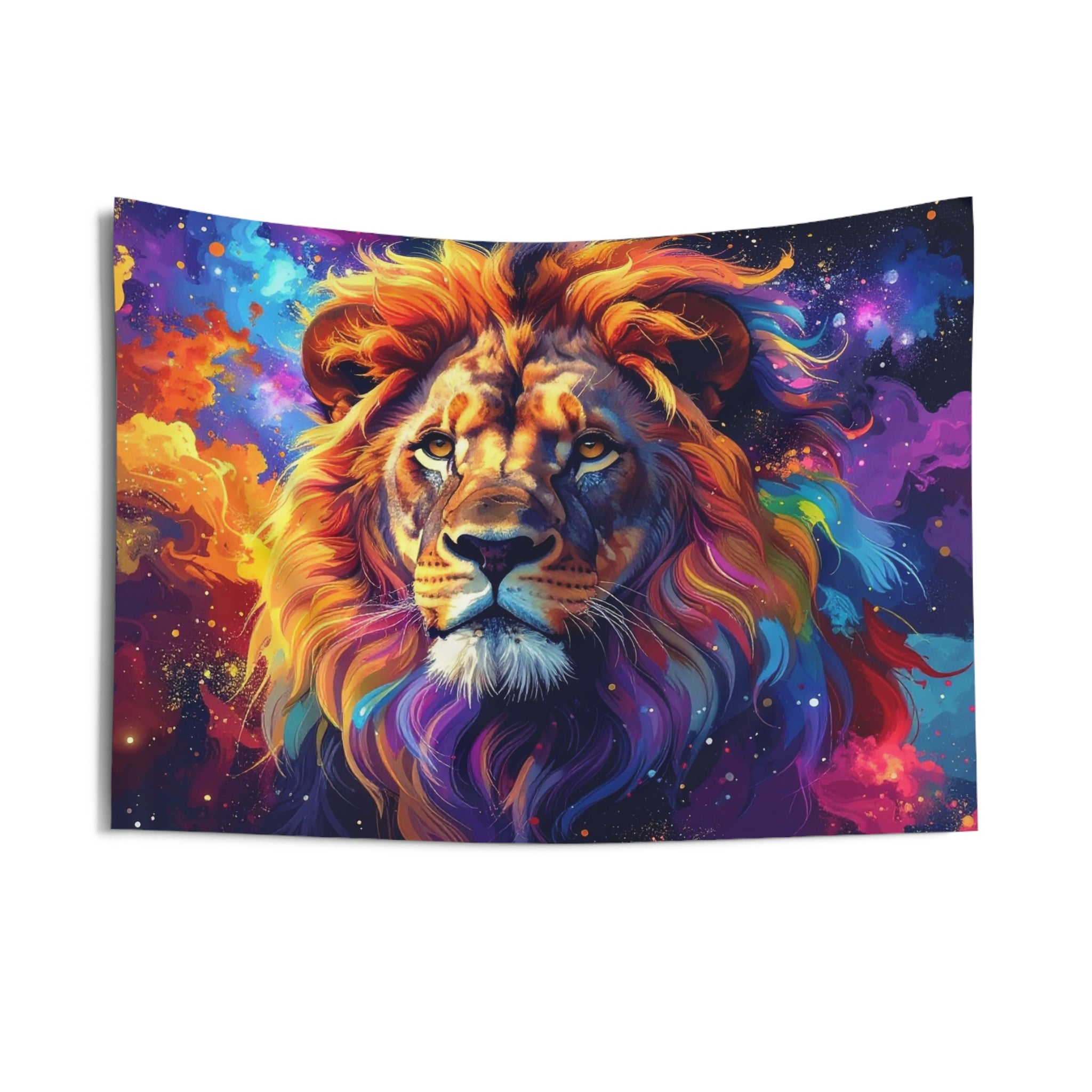 Cosmic Mane: Celestial Lion Portrait, Digital Cosmic Art, Vibrant Color Explosion - L'Art Tapestry