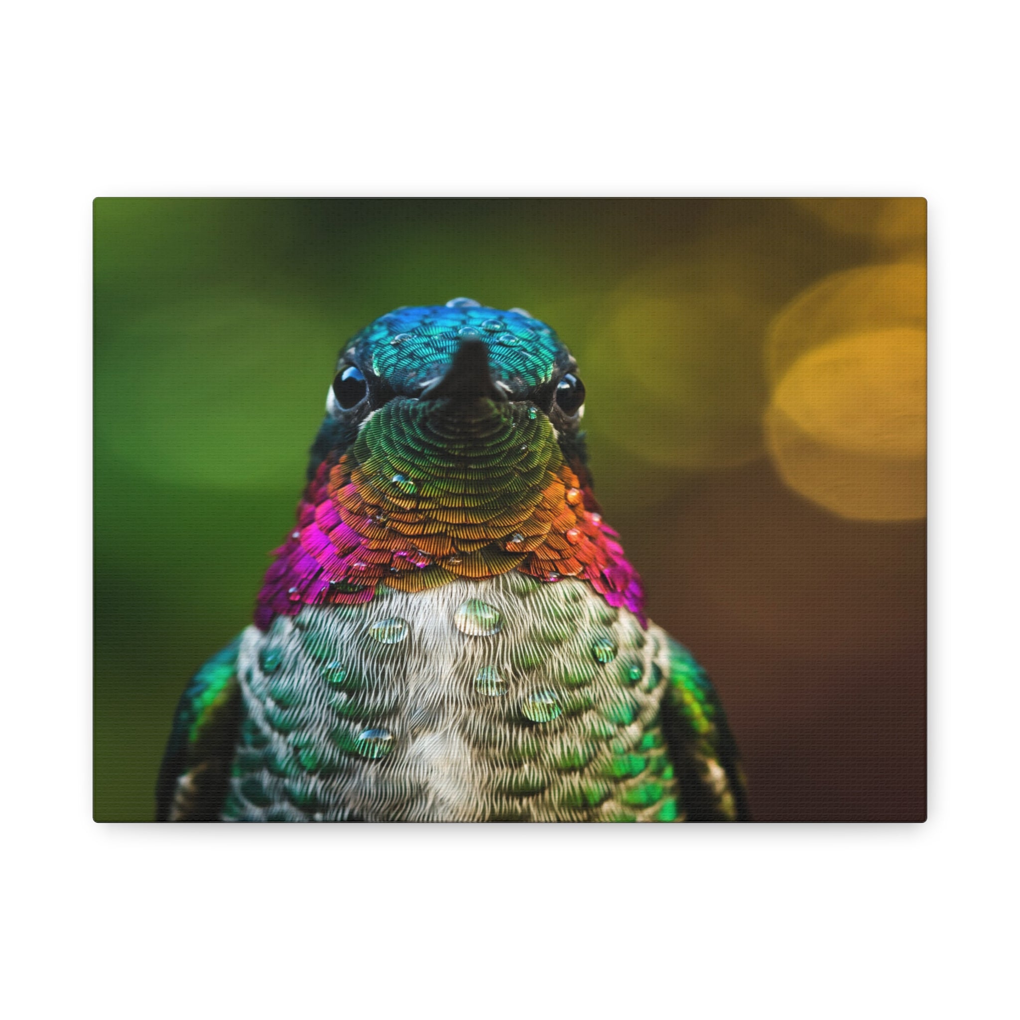 Iridescent Whispers: Hummingbird in Vibrant Plumage, Close-Up Nature Photography - L’Art Suprême Canvas