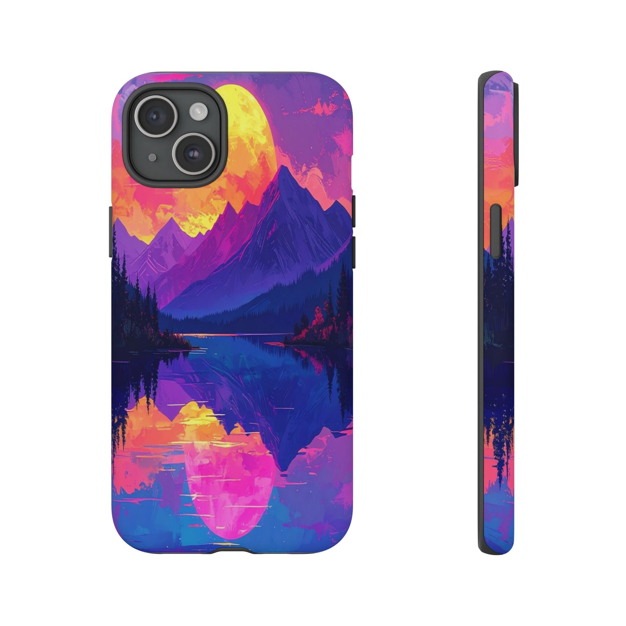 Twilight's Reflective Embrace: Mountain Synthwave Landscape, Digital Sunset Panorama - L’Art Suprême Phone Case