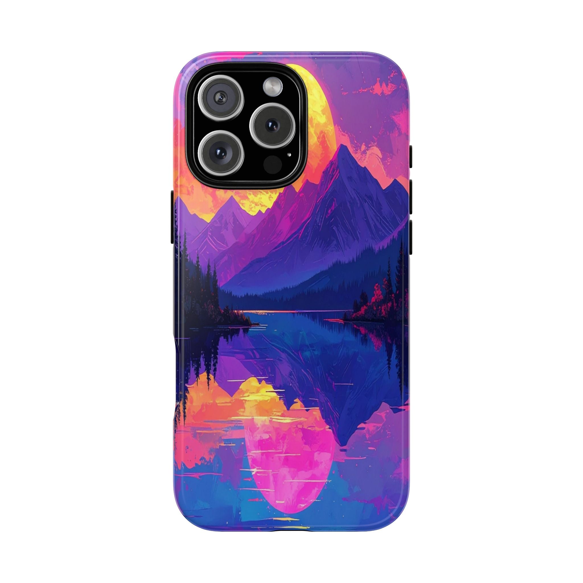 Twilight's Reflective Embrace: Mountain Synthwave Landscape, Digital Sunset Panorama - L’Art Suprême Phone Case