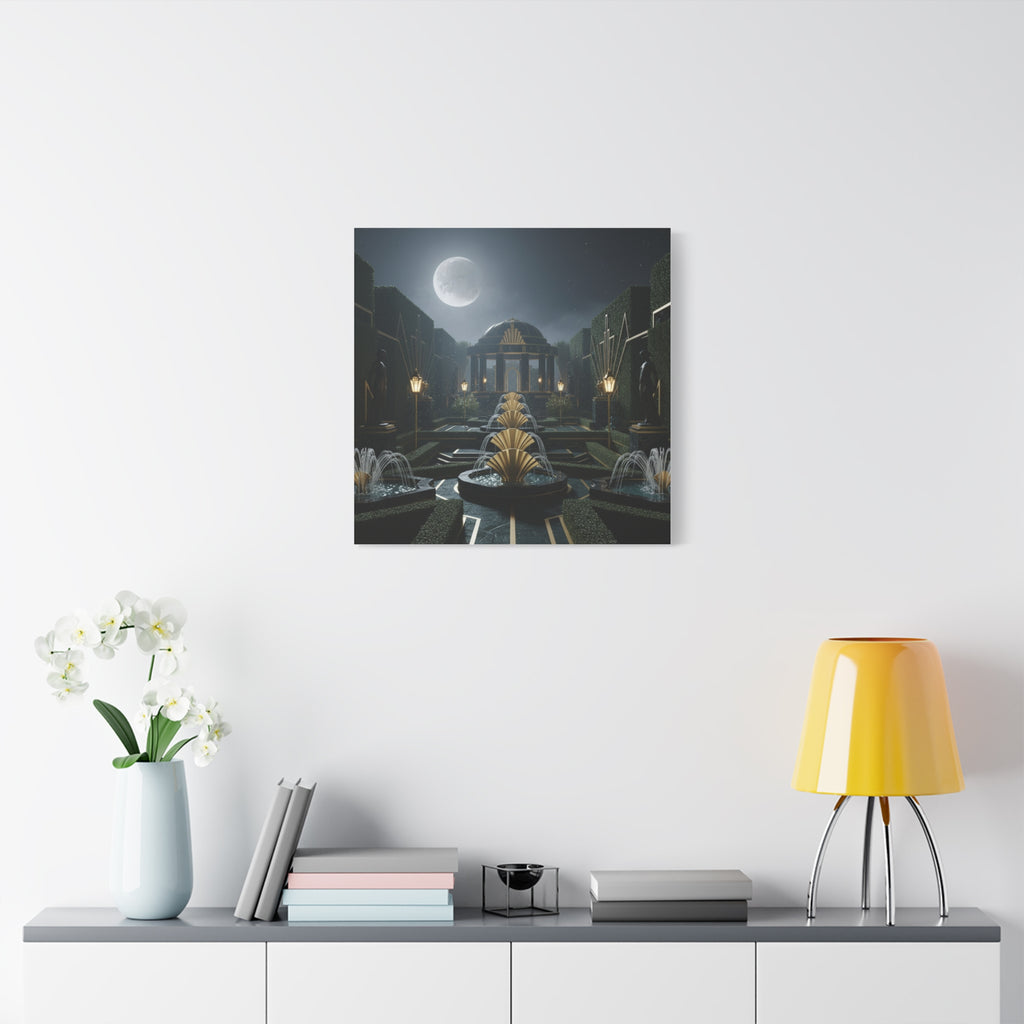 Nocturnal Pavilion: Art Deco Garden Symphony, Moonlit Architectural Dreamscape - L’Art Suprême Canvas