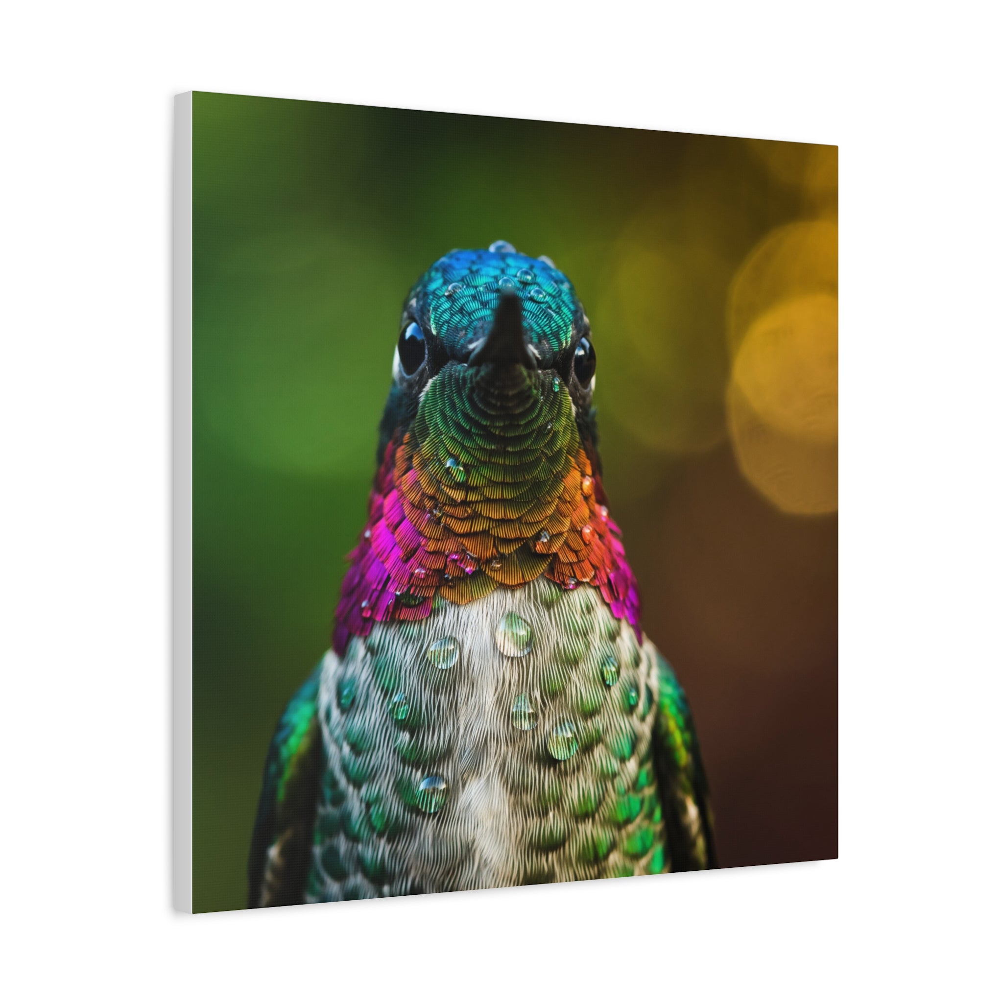 Iridescent Whispers: Hummingbird in Vibrant Plumage, Close-Up Nature Photography - L’Art Suprême Canvas