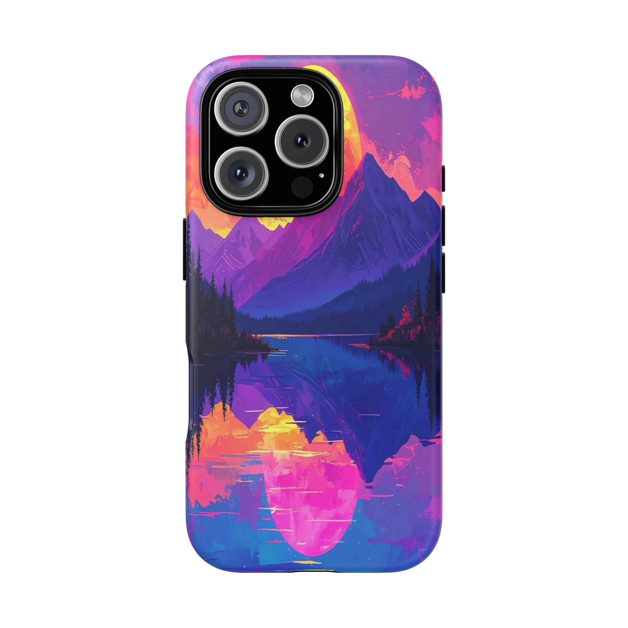 Twilight's Reflective Embrace: Mountain Synthwave Landscape, Digital Sunset Panorama - L’Art Suprême Phone Case