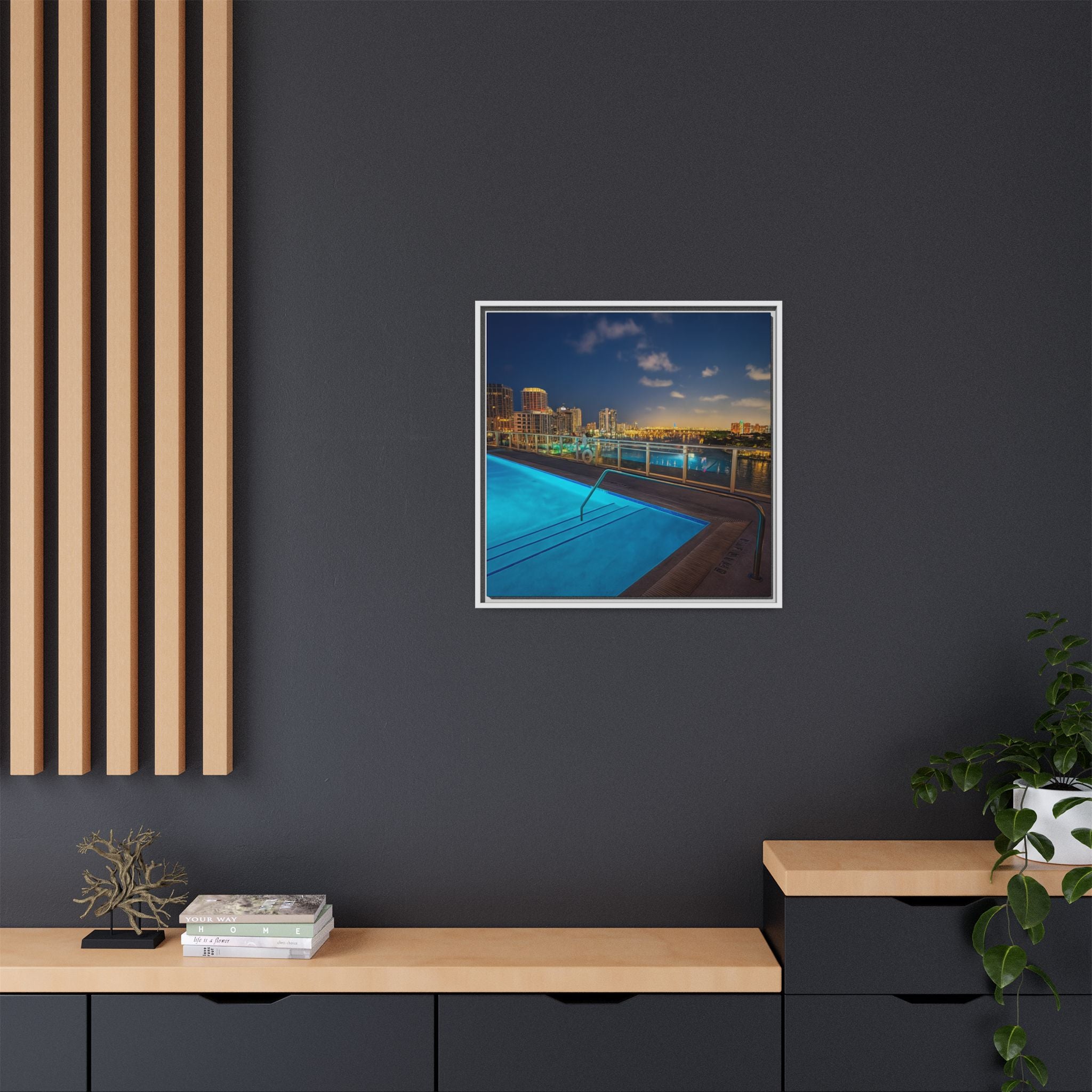 "Skyline Reflections" – Framed Canvas Print