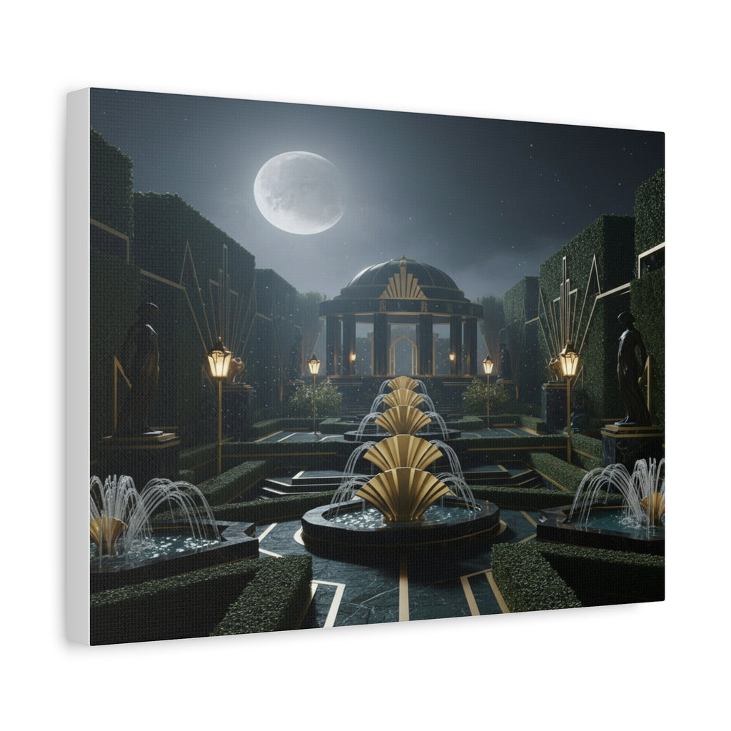 Nocturnal Pavilion: Art Deco Garden Symphony, Moonlit Architectural Dreamscape - L’Art Suprême Canvas