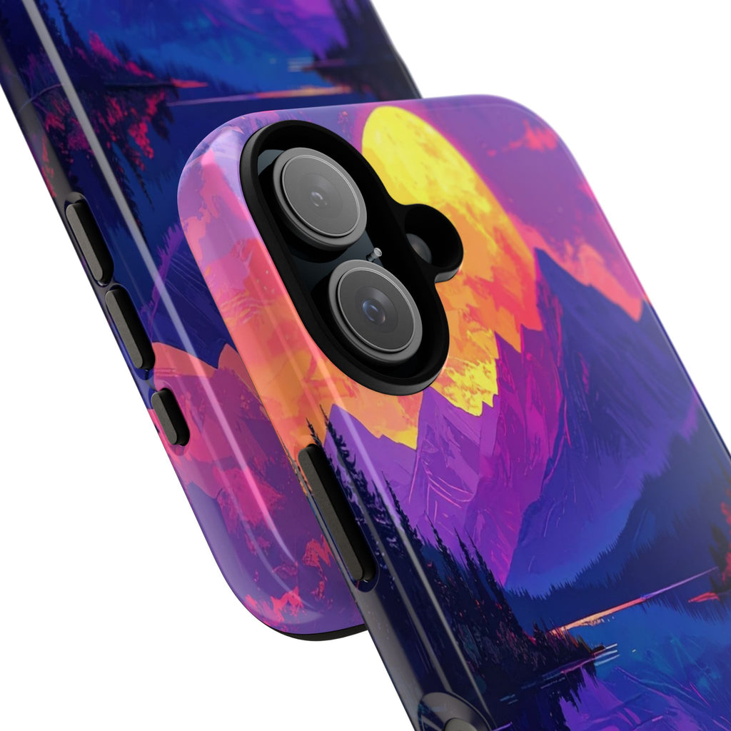 Twilight's Reflective Embrace: Mountain Synthwave Landscape, Digital Sunset Panorama - L’Art Suprême Phone Case