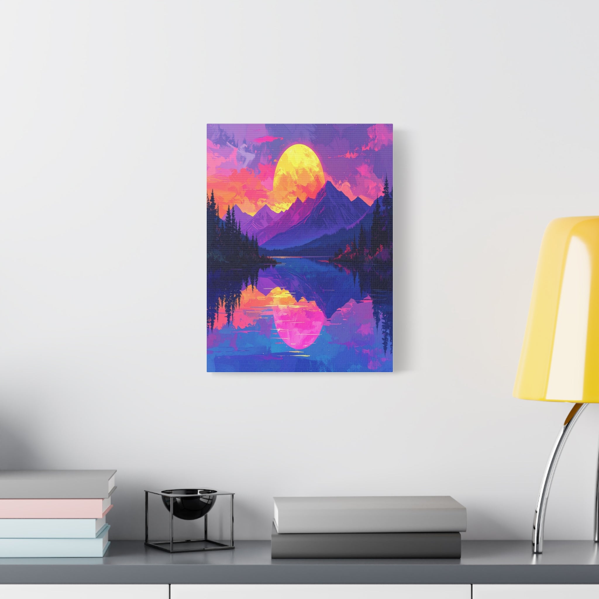 Twilight Symmetry: Neon Mountain Landscape, Vaporwave Digital Art - L’Art Suprême Canvas