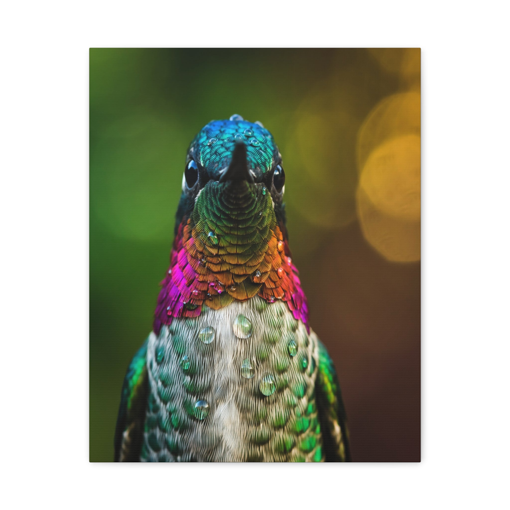 Iridescent Whispers: Hummingbird in Vibrant Plumage, Close-Up Nature Photography - L’Art Suprême Canvas