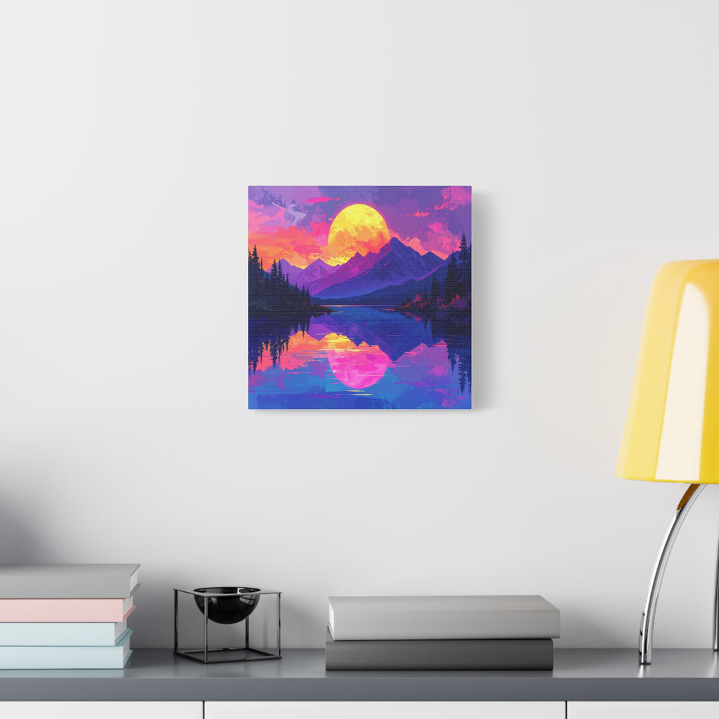 Twilight Symmetry: Neon Mountain Landscape, Vaporwave Digital Art - L’Art Suprême Canvas