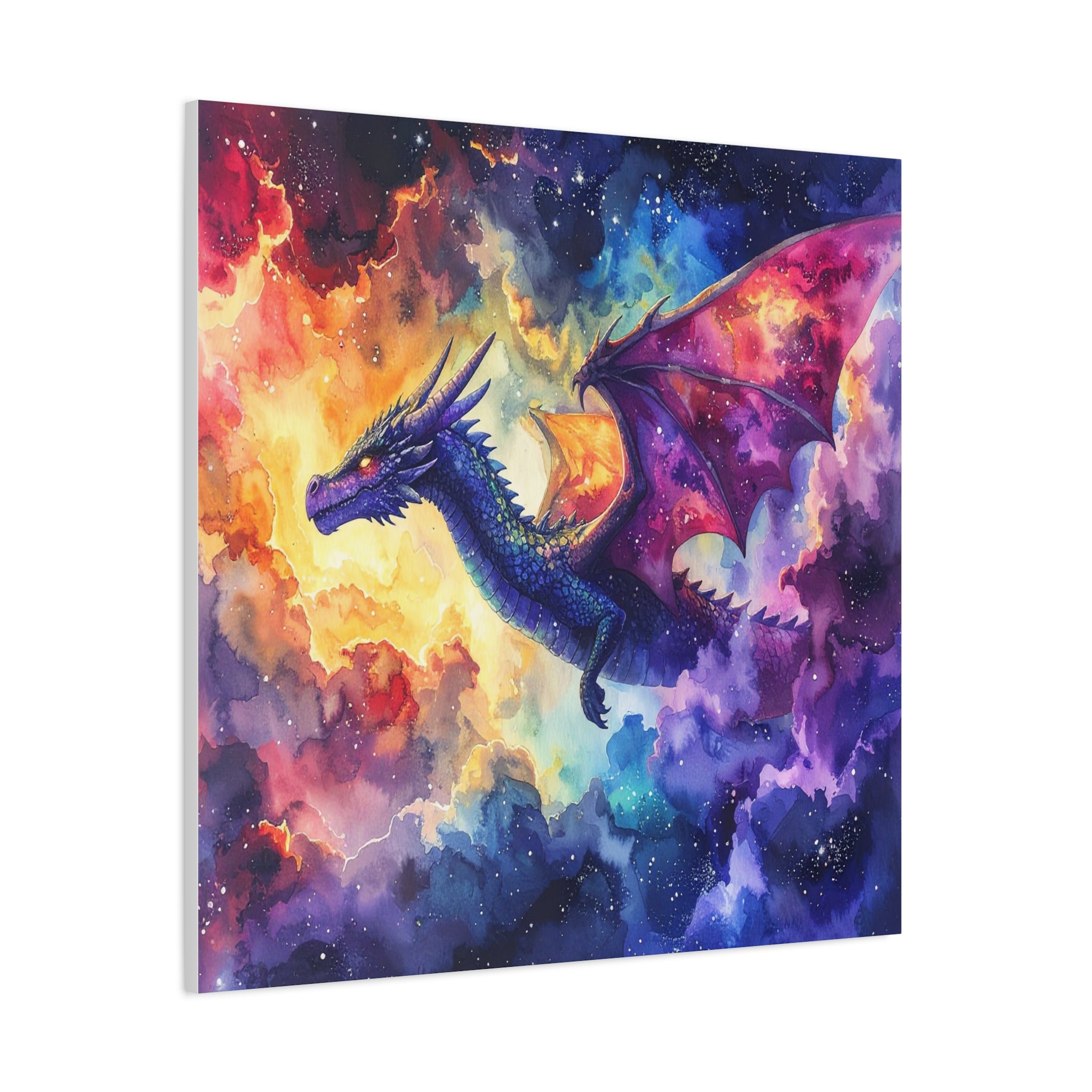 Cosmic Dragons' Ascent: Ethereal Watercolor Fantasy, Celestial Mythical Landscape - L’Art Suprême Canvas