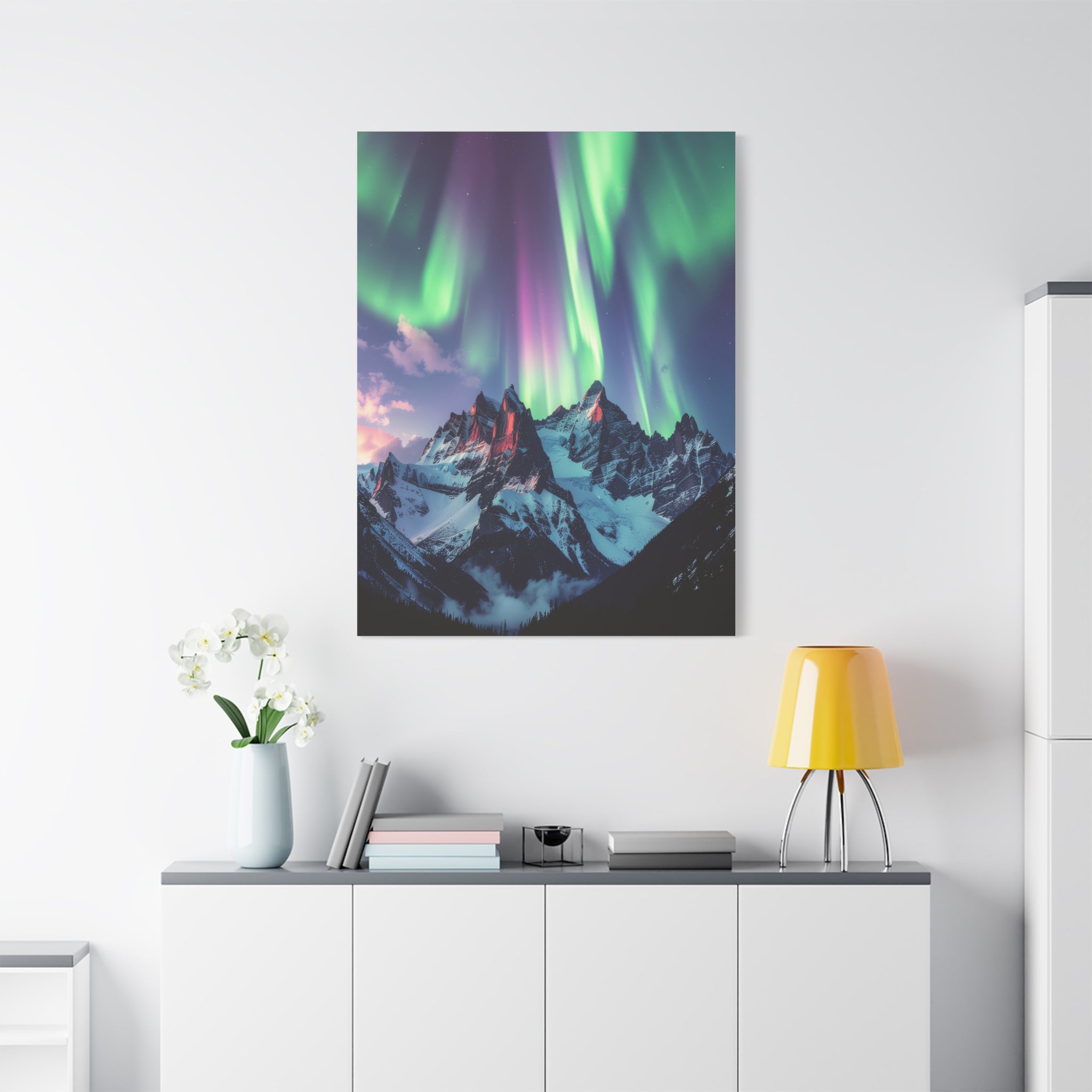 Celestial Symphony: Northern Lights Panorama, Alpine Aurora Wilderness - L’Art Suprême Canvas