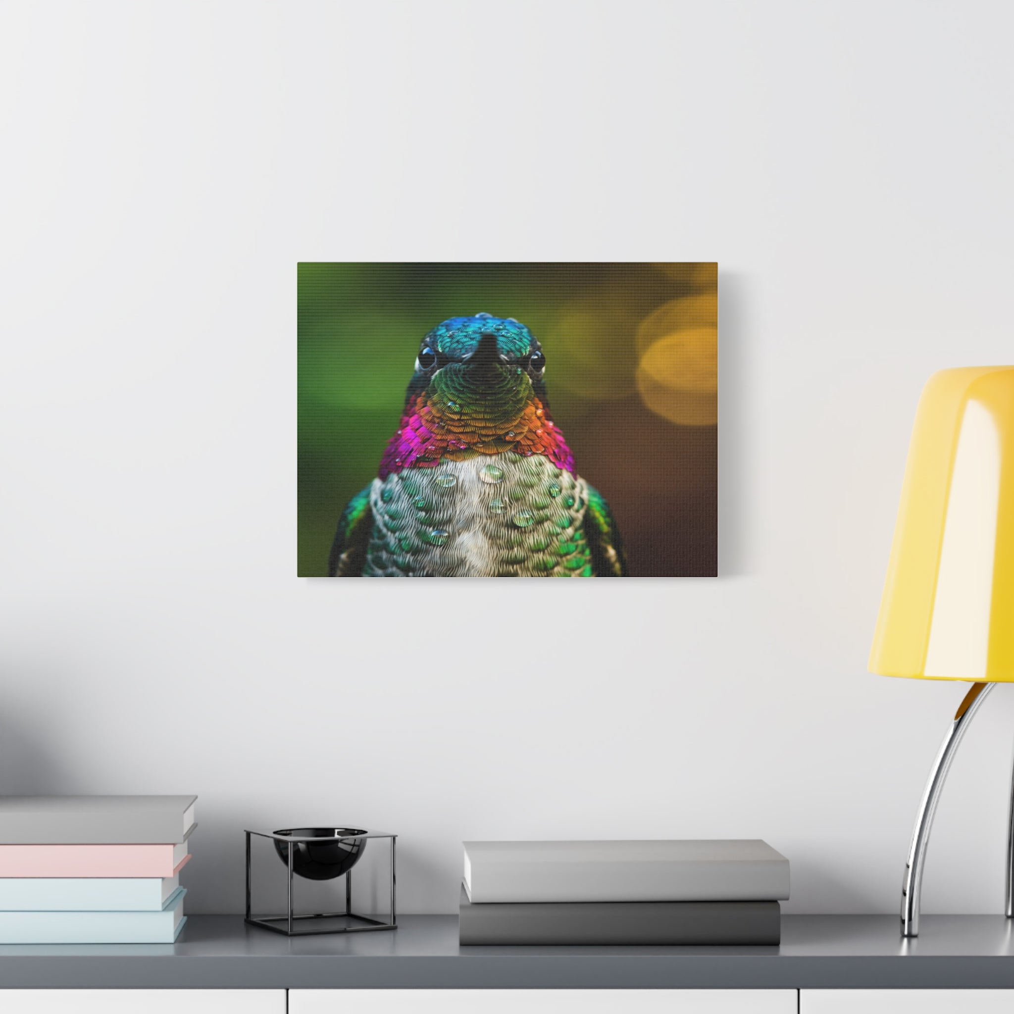 Iridescent Whispers: Hummingbird in Vibrant Plumage, Close-Up Nature Photography - L’Art Suprême Canvas