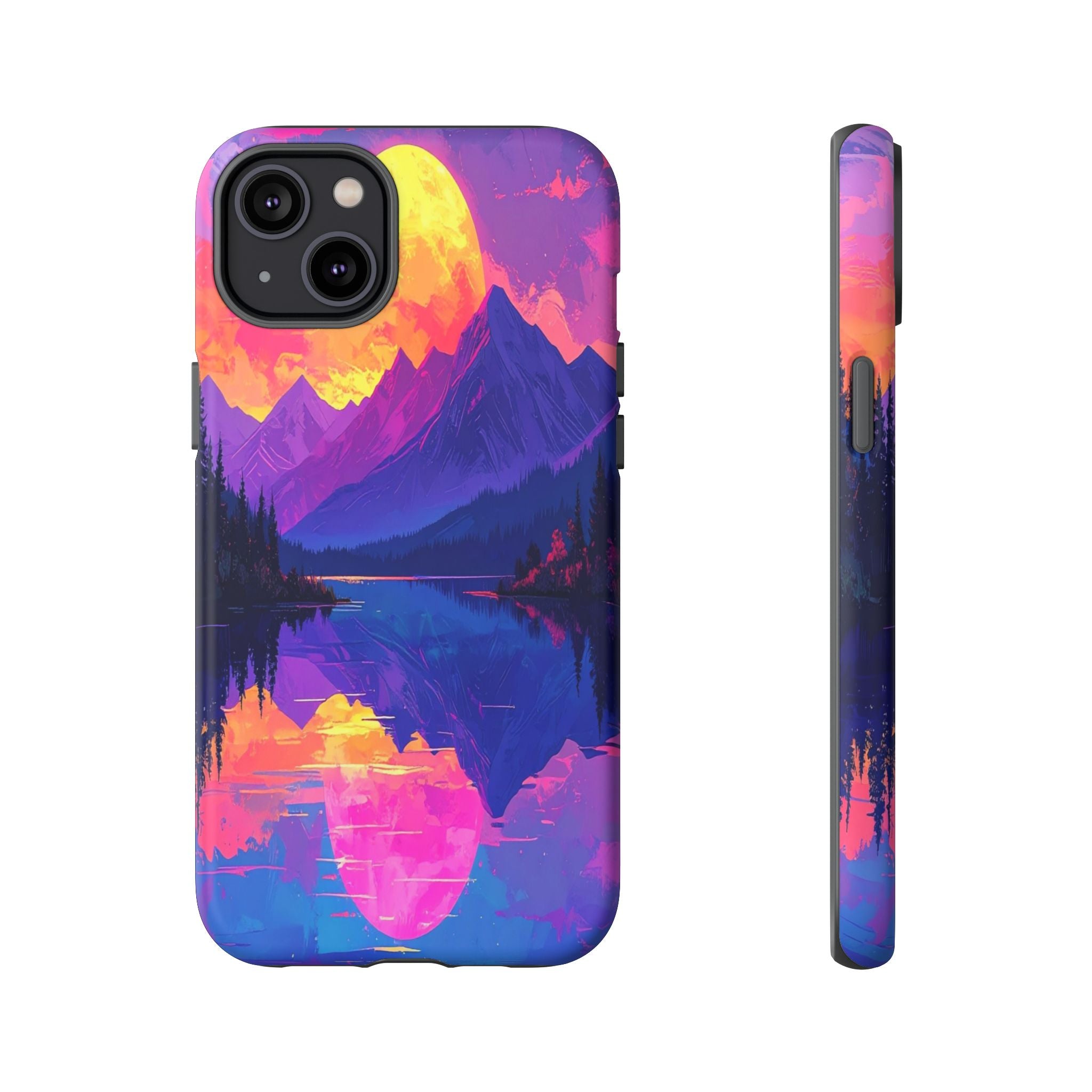 Twilight's Reflective Embrace: Mountain Synthwave Landscape, Digital Sunset Panorama - L’Art Suprême Phone Case