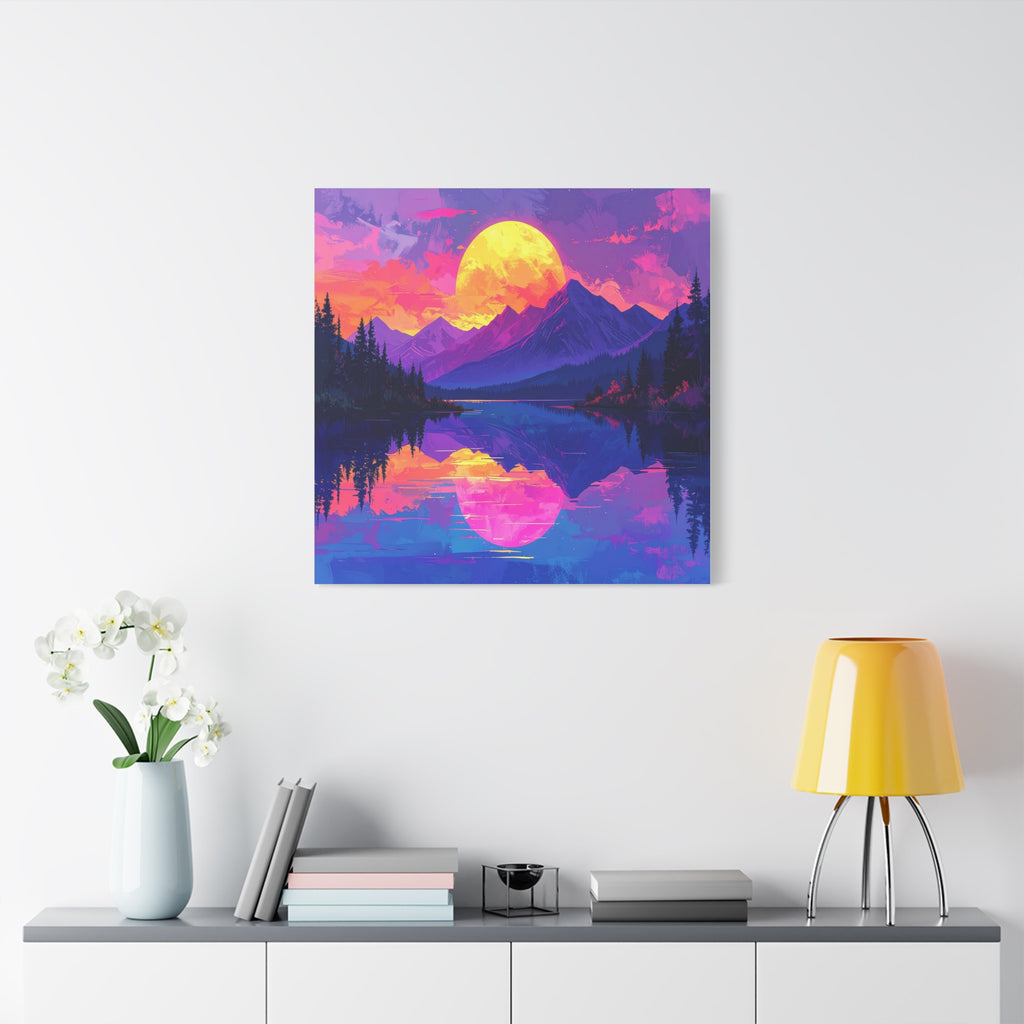 Twilight Symmetry: Neon Mountain Landscape, Vaporwave Digital Art - L’Art Suprême Canvas