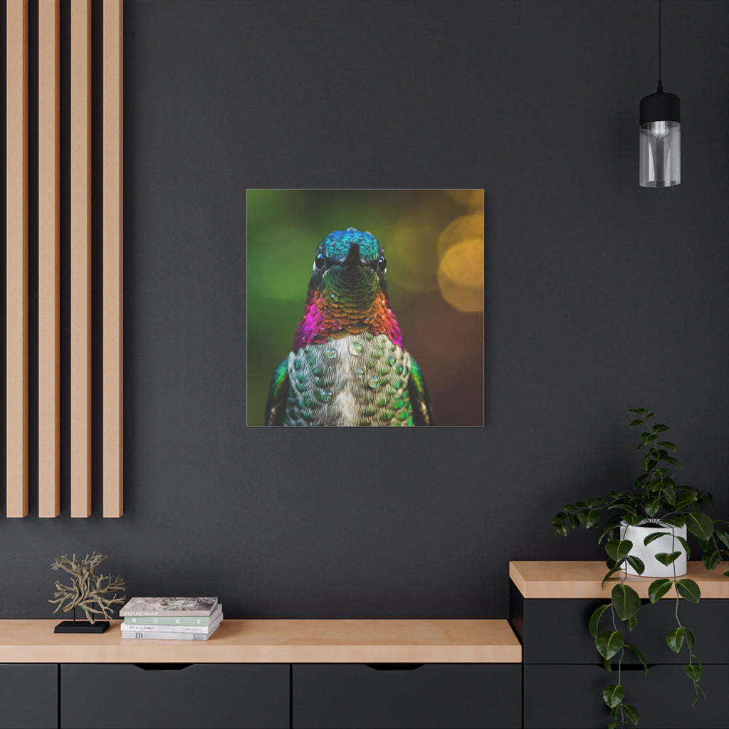 Iridescent Whispers: Hummingbird in Vibrant Plumage, Close-Up Nature Photography - L’Art Suprême Canvas