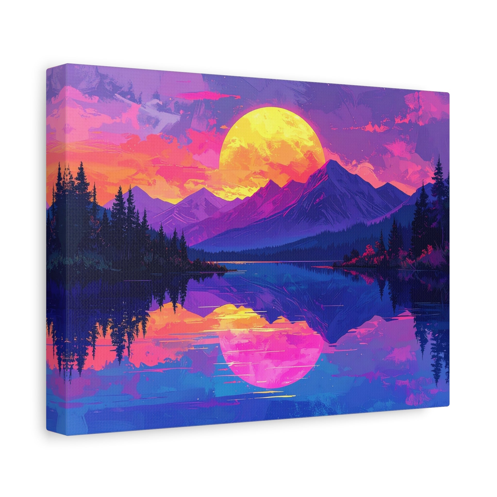Twilight Symmetry: Neon Mountain Landscape, Vaporwave Digital Art - L’Art Suprême Canvas