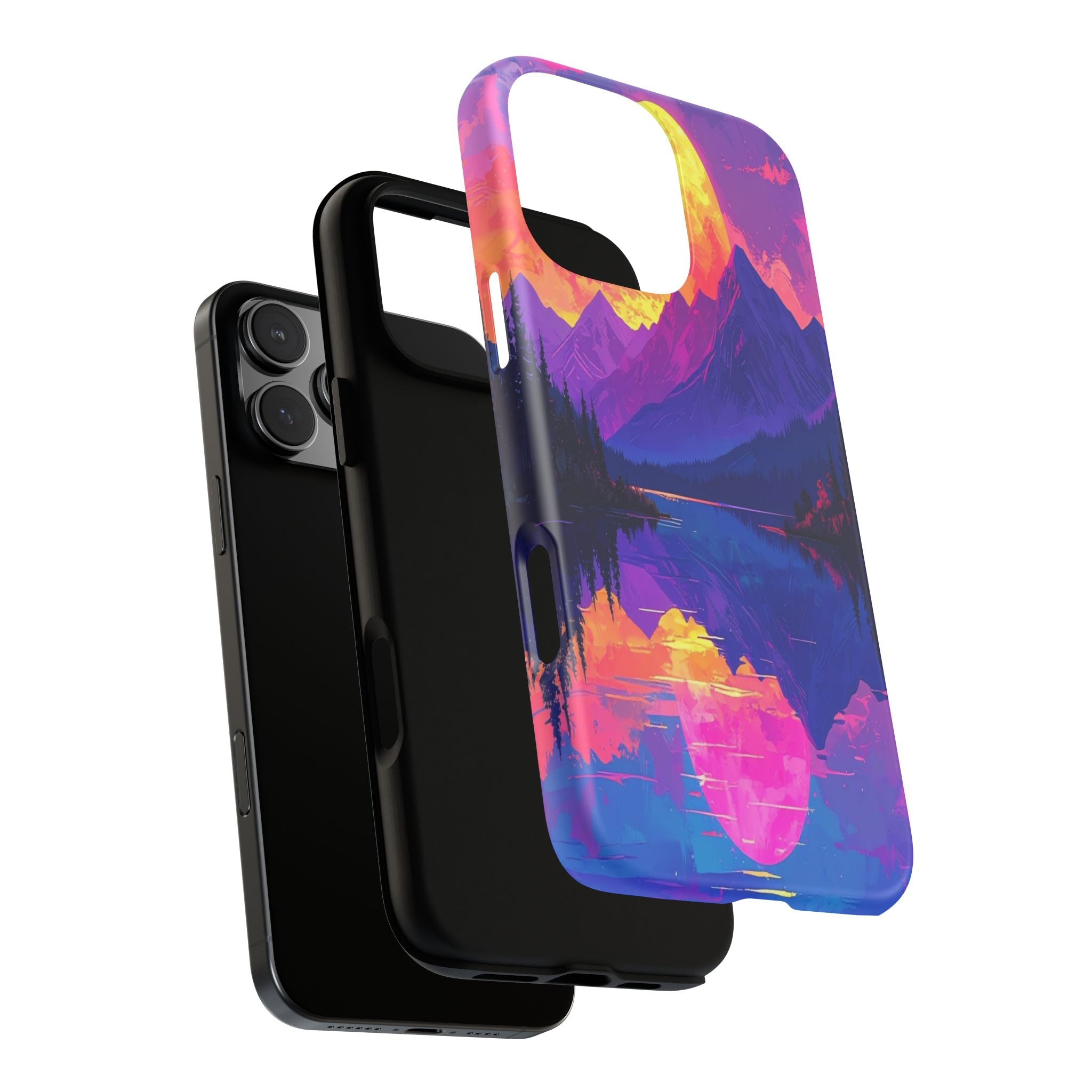 Twilight's Reflective Embrace: Mountain Synthwave Landscape, Digital Sunset Panorama - L’Art Suprême Phone Case