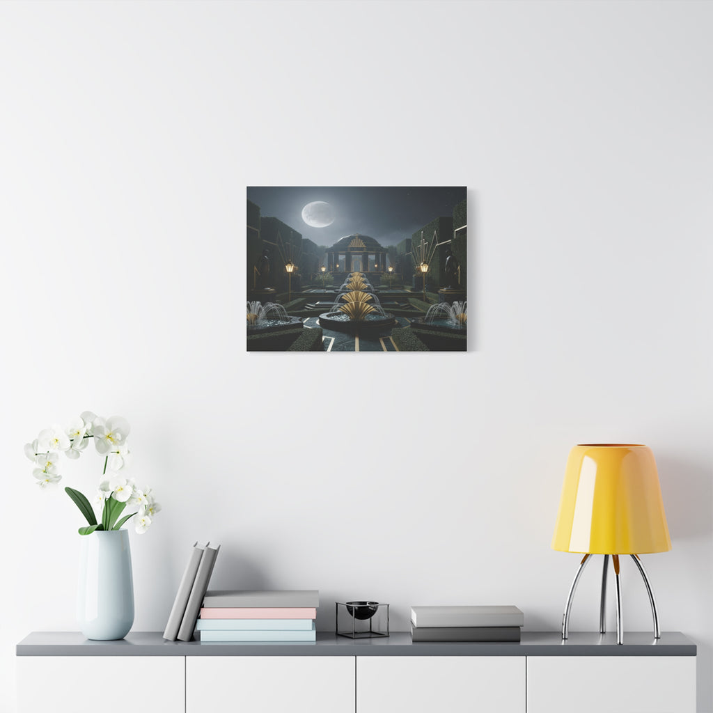 Nocturnal Pavilion: Art Deco Garden Symphony, Moonlit Architectural Dreamscape - L’Art Suprême Canvas