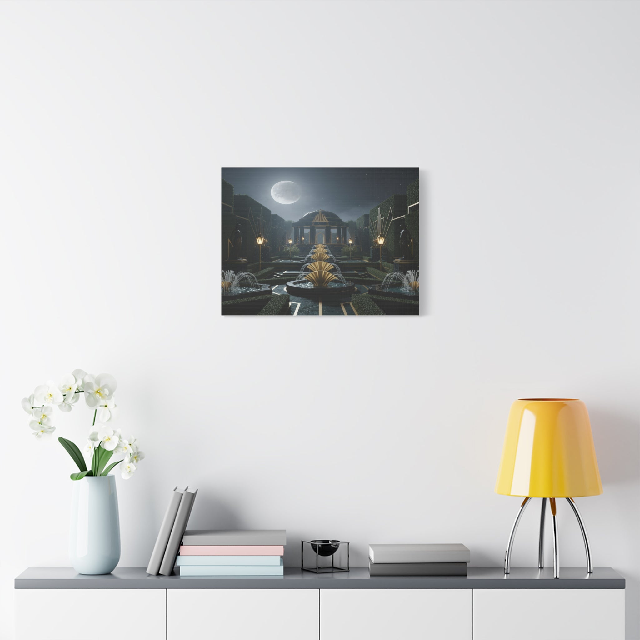 Nocturnal Pavilion: Art Deco Garden Symphony, Moonlit Architectural Dreamscape - L’Art Suprême Canvas
