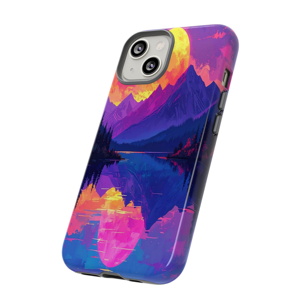 Twilight's Reflective Embrace: Mountain Synthwave Landscape, Digital Sunset Panorama - L’Art Suprême Phone Case