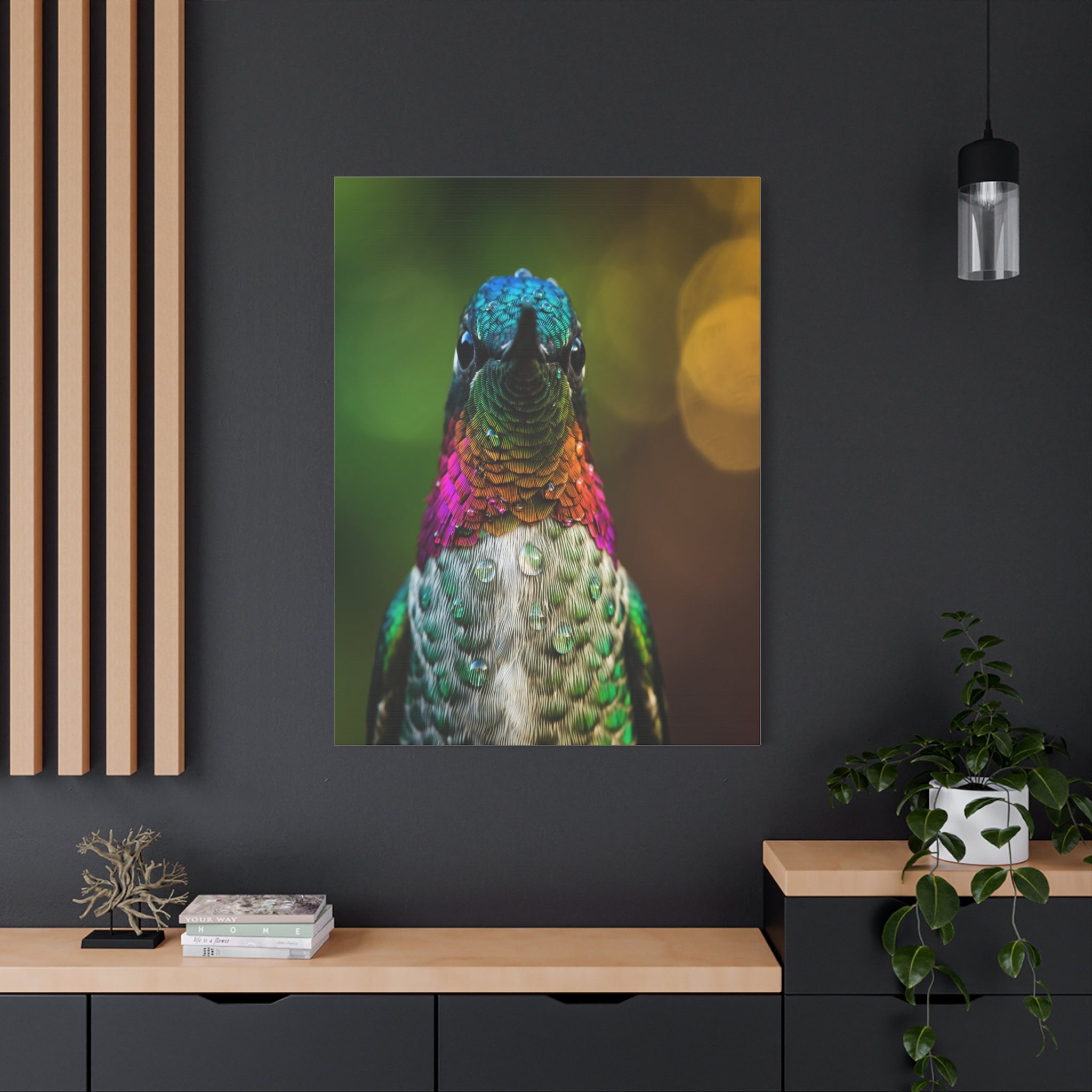 Iridescent Whispers: Hummingbird in Vibrant Plumage, Close-Up Nature Photography - L’Art Suprême Canvas