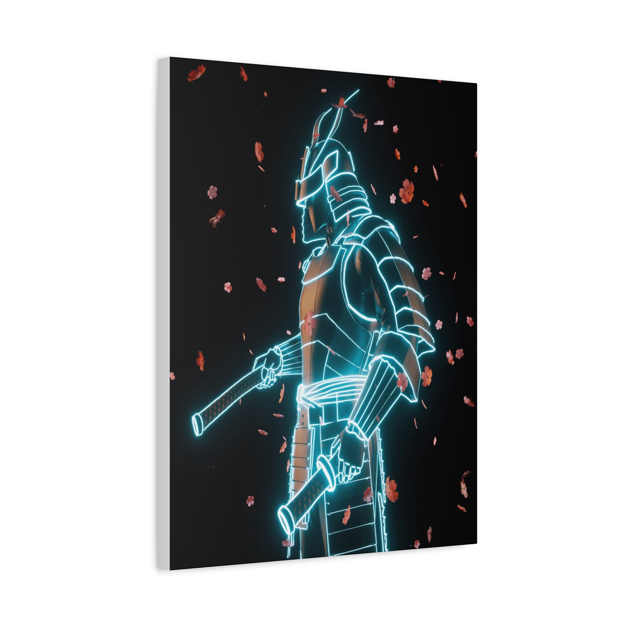 Neon Samurai: Digital Warrior, Cyberpunk Fusion, Glowing Wireframe Armor - L’Art Suprême Canvas