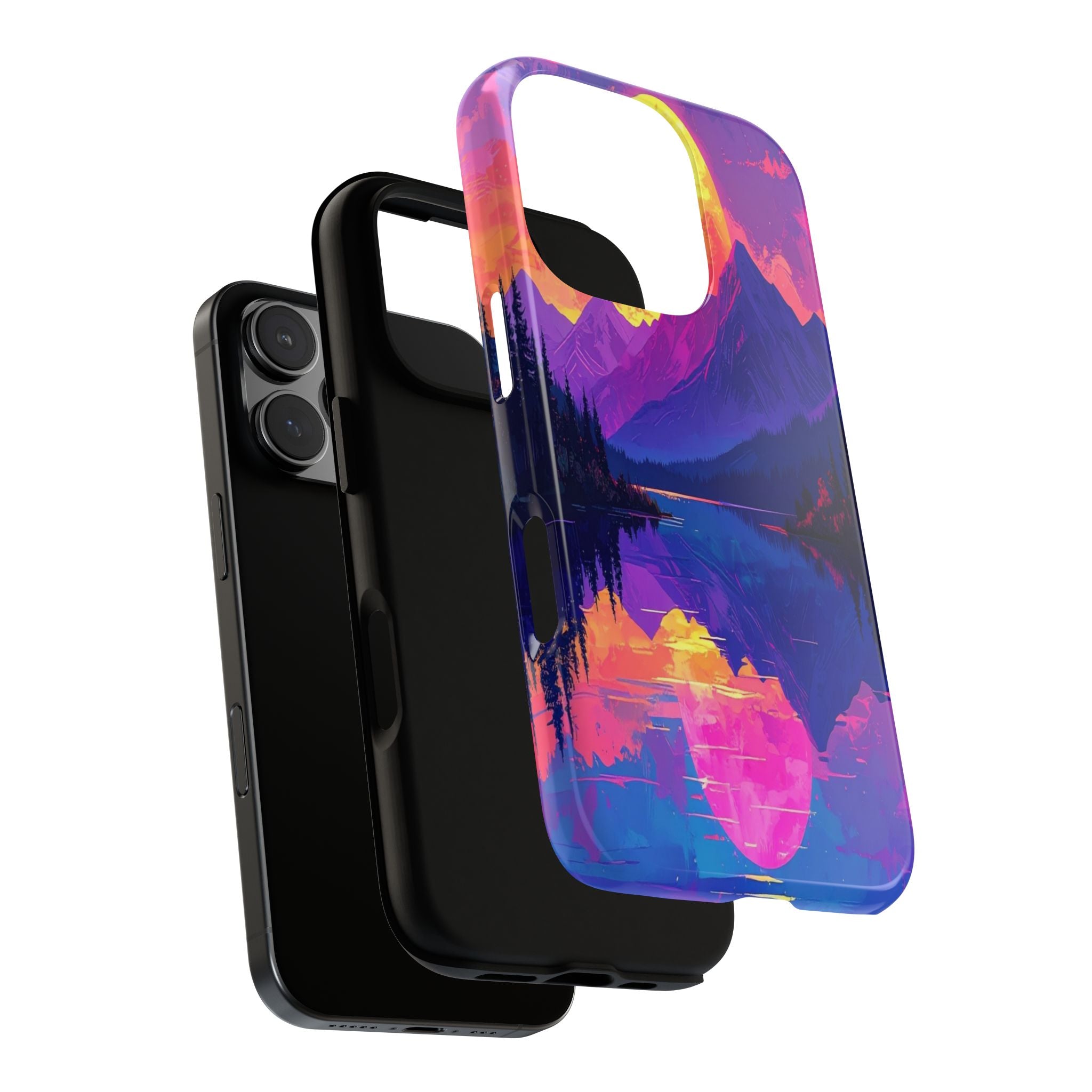 Twilight's Reflective Embrace: Mountain Synthwave Landscape, Digital Sunset Panorama - L’Art Suprême Phone Case