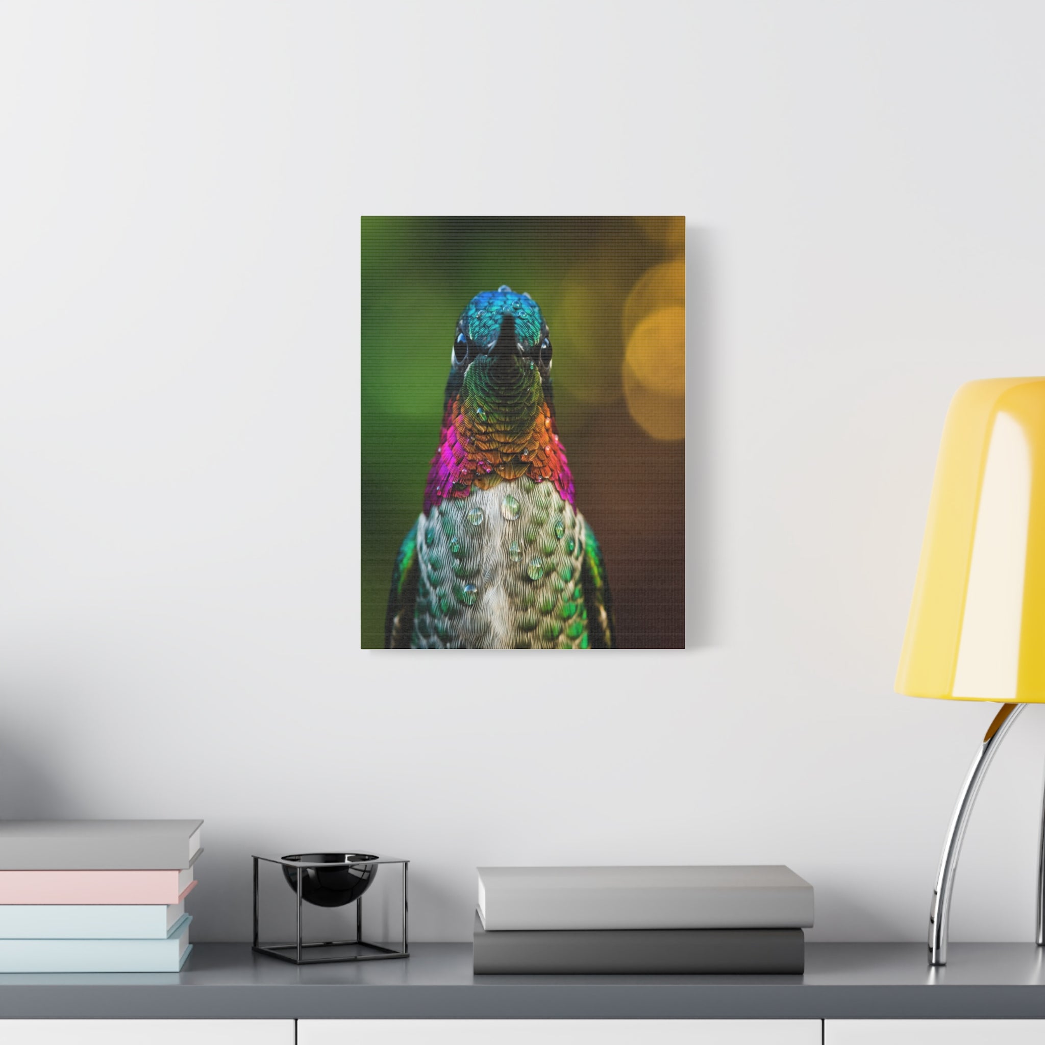 Iridescent Whispers: Hummingbird in Vibrant Plumage, Close-Up Nature Photography - L’Art Suprême Canvas