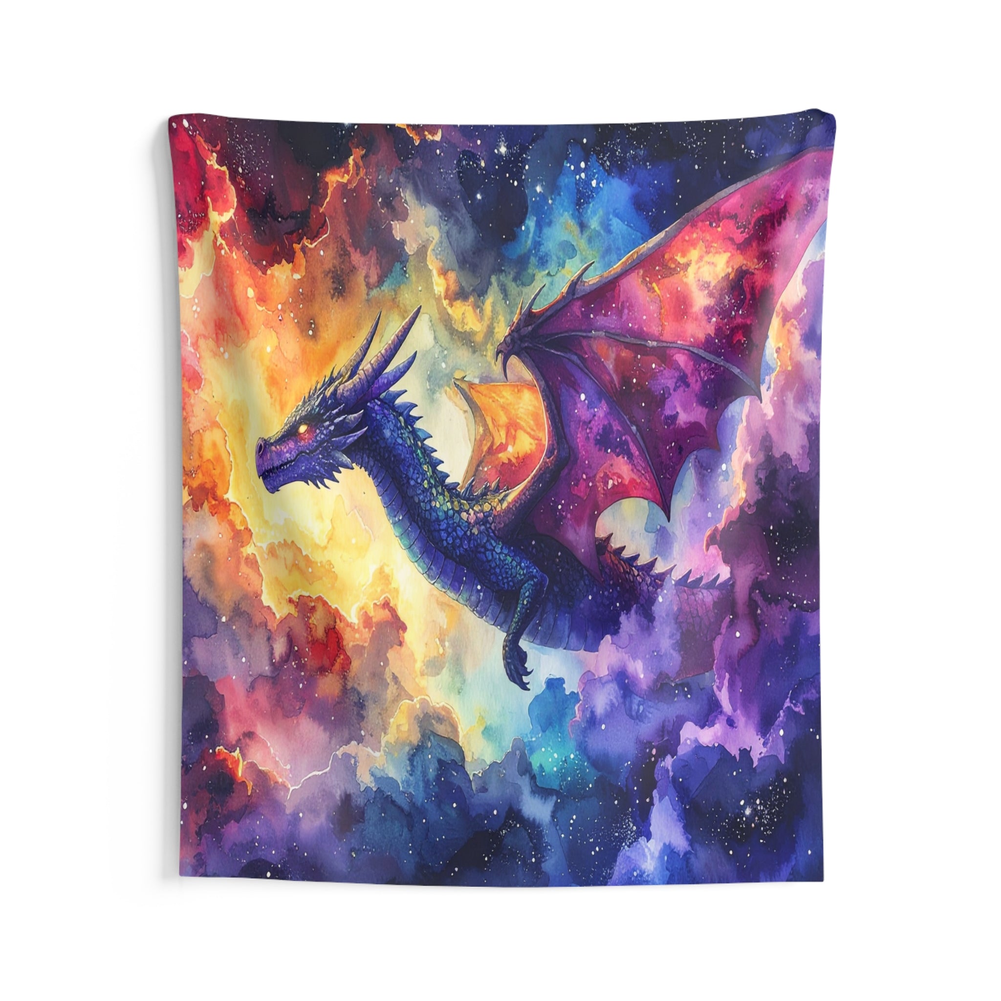 Celestial Dragonscape: Cosmic Fantasy Watercolor, Mythical Realm Panorama - L'Art Tapestry