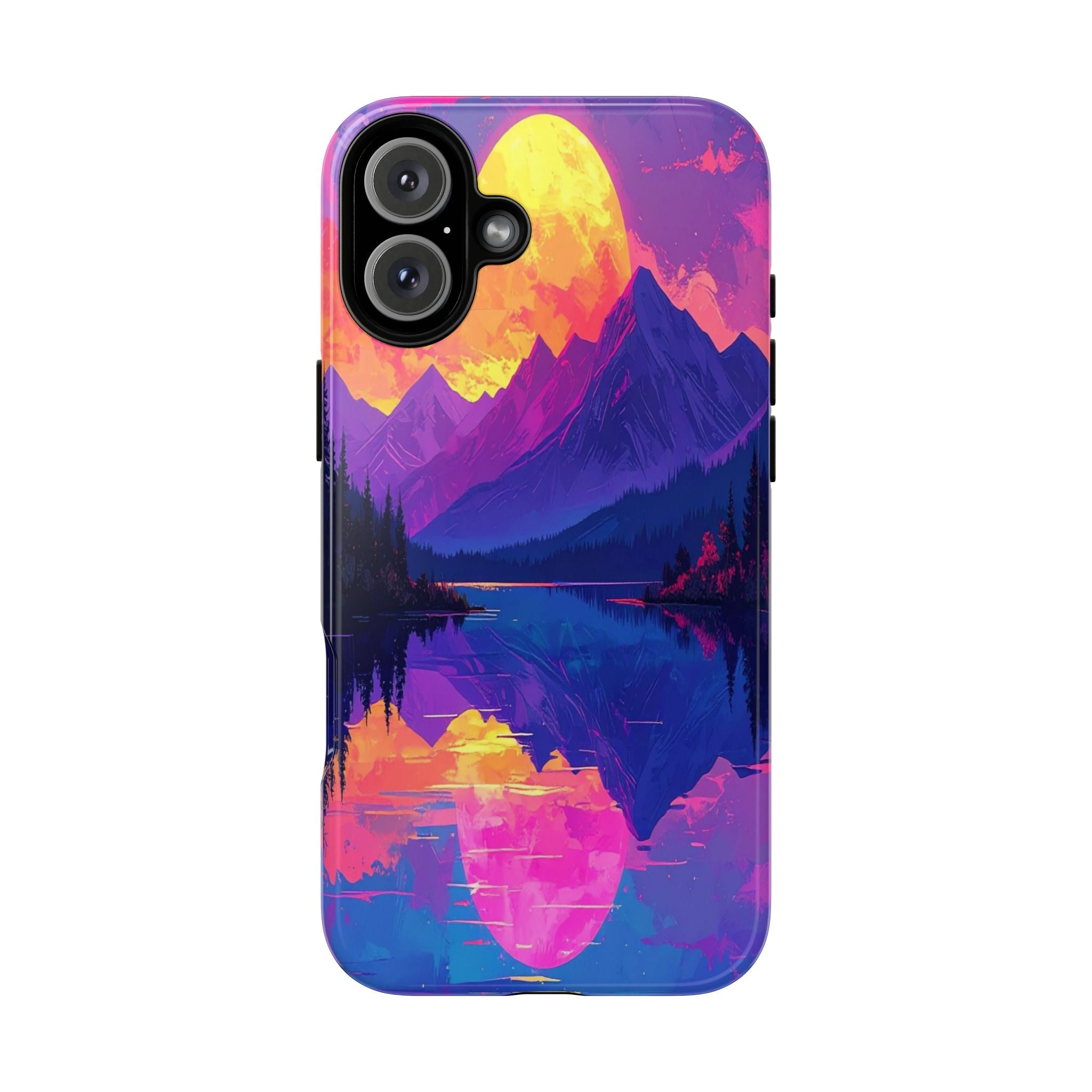 Twilight's Reflective Embrace: Mountain Synthwave Landscape, Digital Sunset Panorama - L’Art Suprême Phone Case