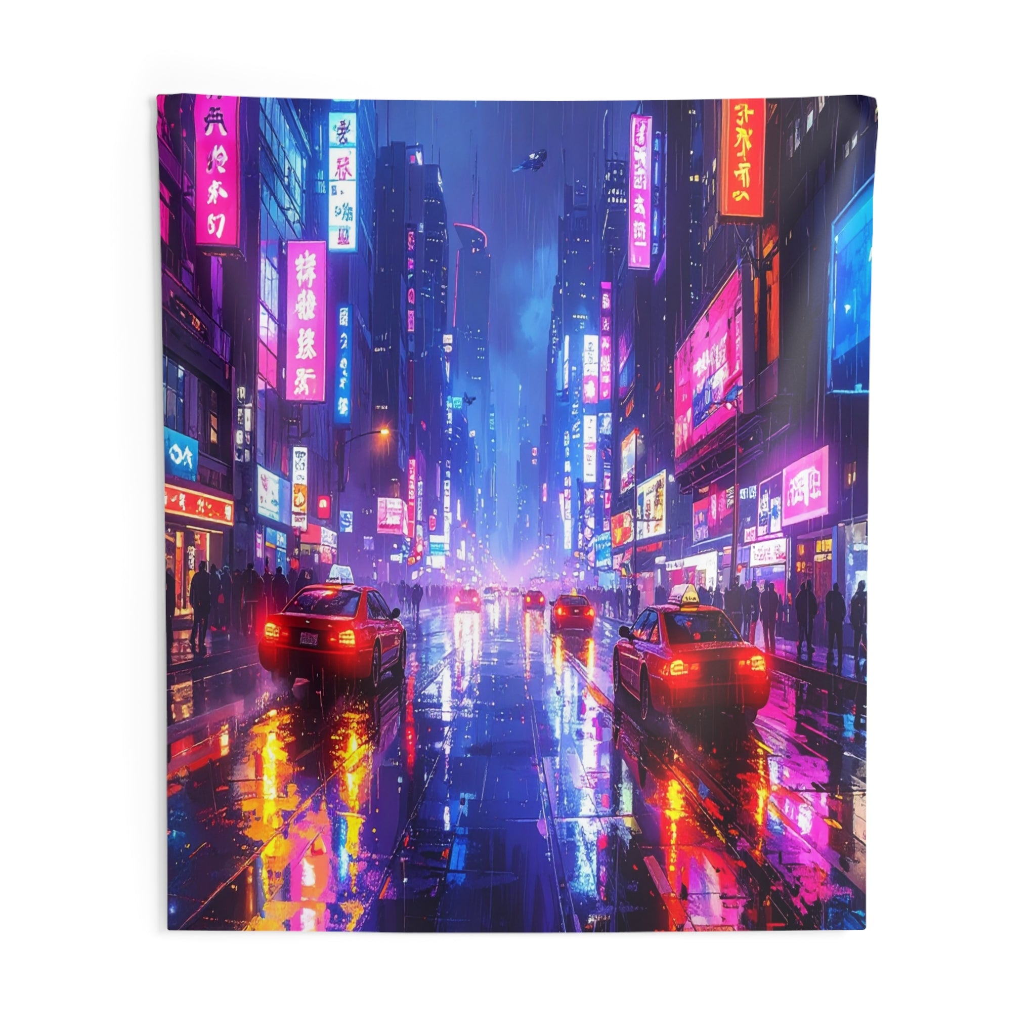 Neon Metropolis: Cyberpunk Urban Landscape, Rain-Soaked Night Scene - L'Art Tapestry
