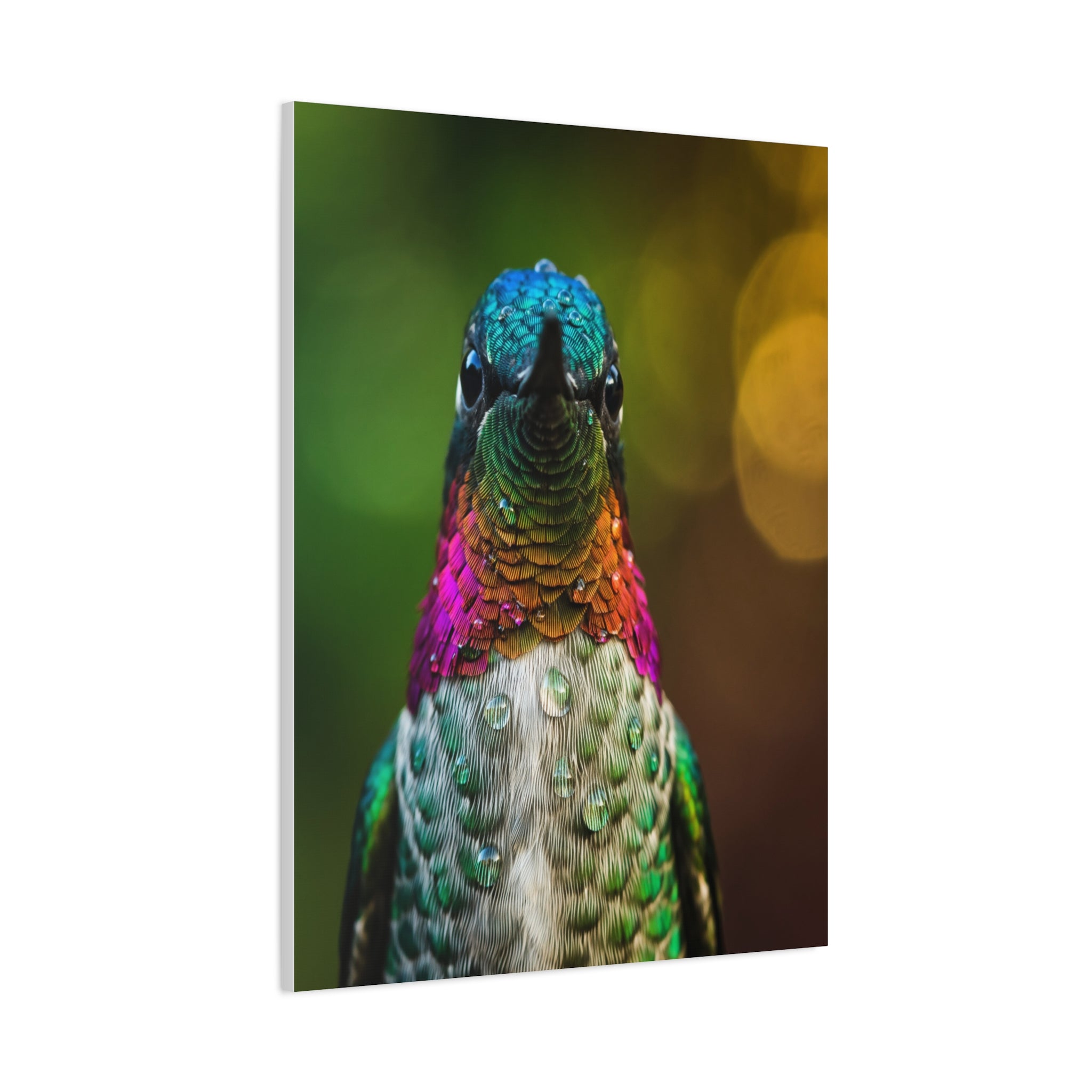 Iridescent Whispers: Hummingbird in Vibrant Plumage, Close-Up Nature Photography - L’Art Suprême Canvas