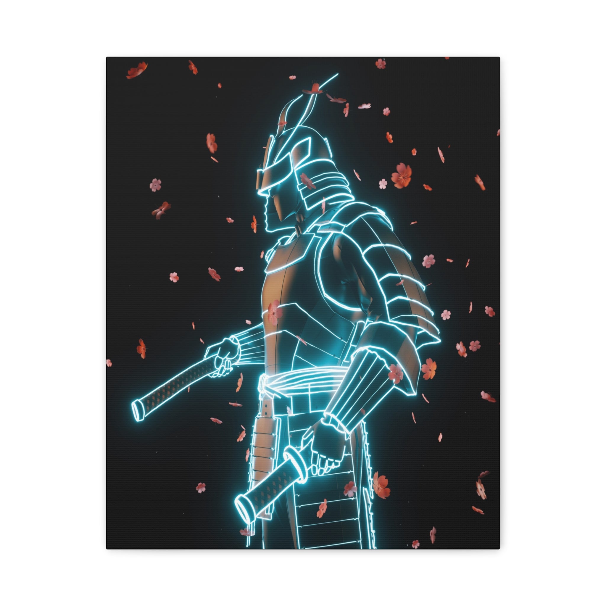 Neon Samurai: Digital Warrior, Cyberpunk Fusion, Glowing Wireframe Armor - L’Art Suprême Canvas