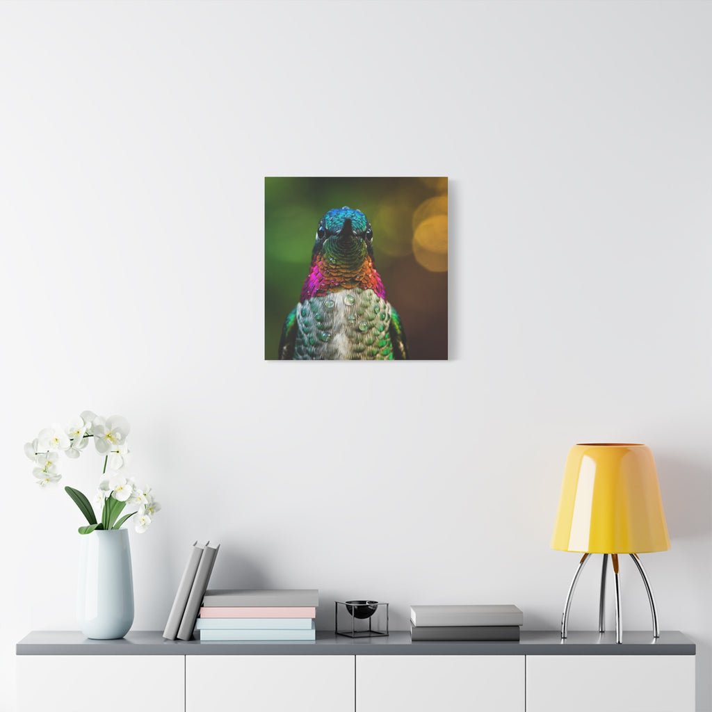 Iridescent Whispers: Hummingbird in Vibrant Plumage, Close-Up Nature Photography - L’Art Suprême Canvas