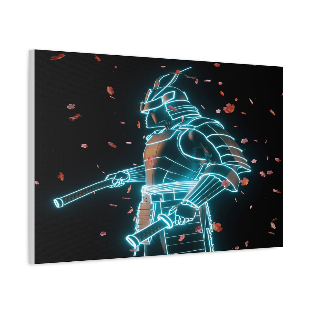 Neon Samurai: Digital Warrior, Cyberpunk Fusion, Glowing Wireframe Armor - L’Art Suprême Canvas