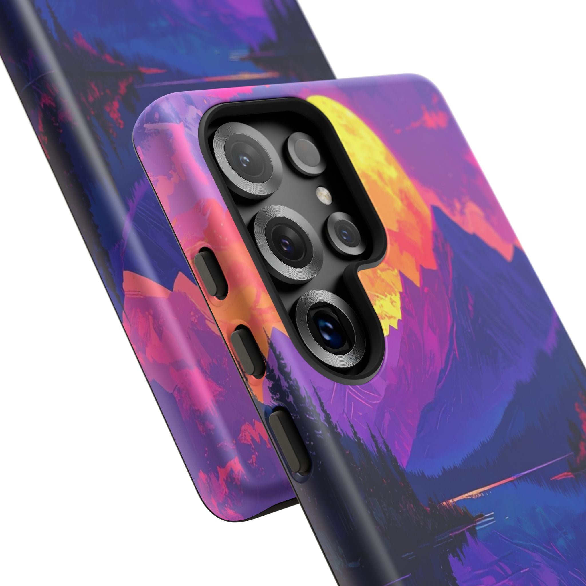 Twilight's Reflective Embrace: Mountain Synthwave Landscape, Digital Sunset Panorama - L’Art Suprême Phone Case