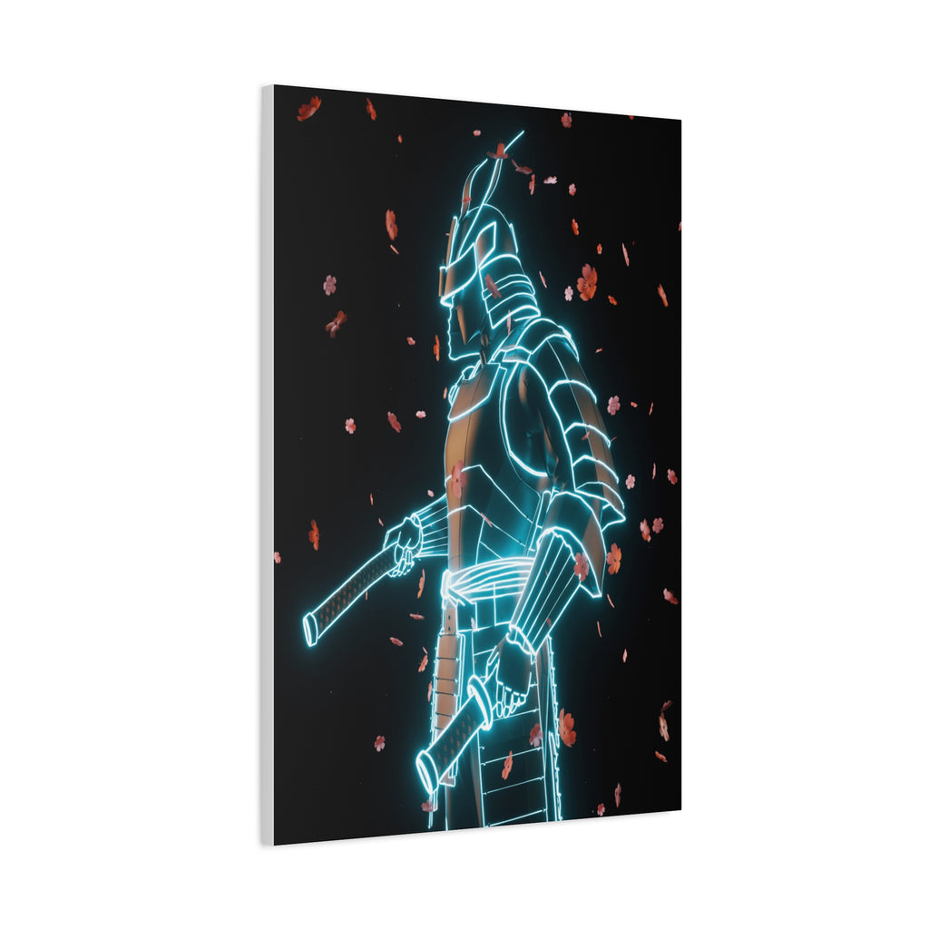 Neon Samurai: Digital Warrior, Cyberpunk Fusion, Glowing Wireframe Armor - L’Art Suprême Canvas