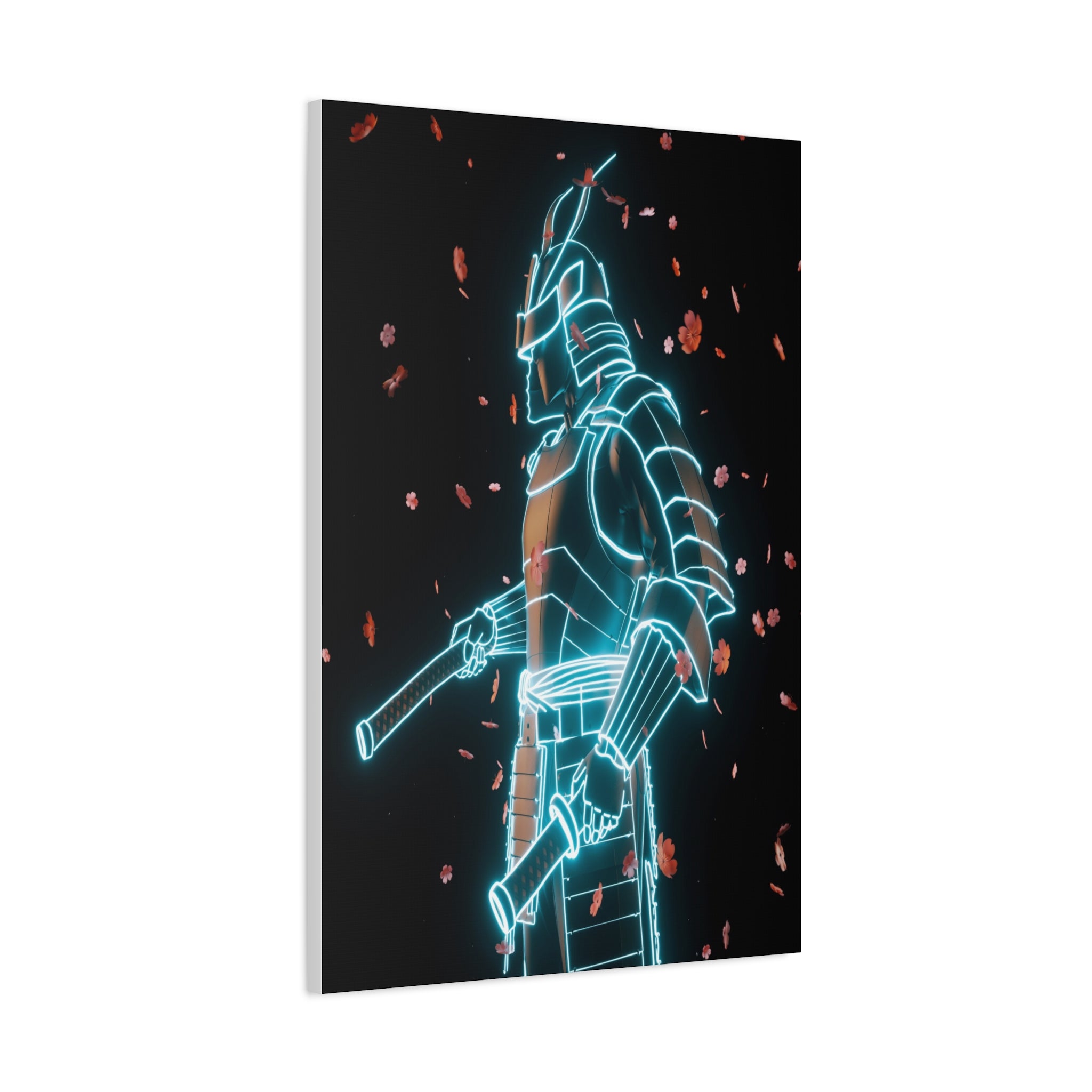 Neon Samurai: Digital Warrior, Cyberpunk Fusion, Glowing Wireframe Armor - L’Art Suprême Canvas